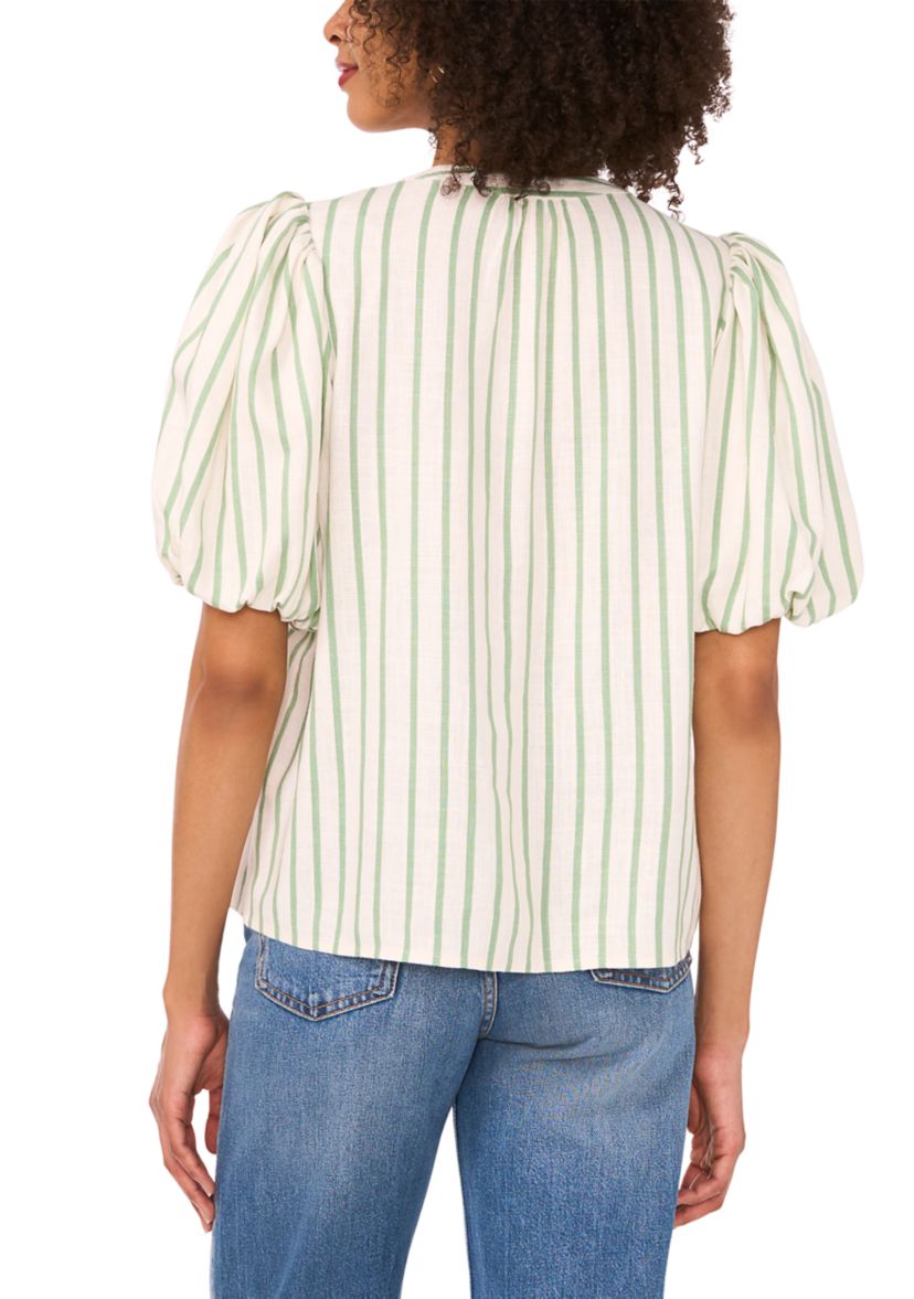 Womens Puff Sleeve Stripe Linen Split Neck Blouse