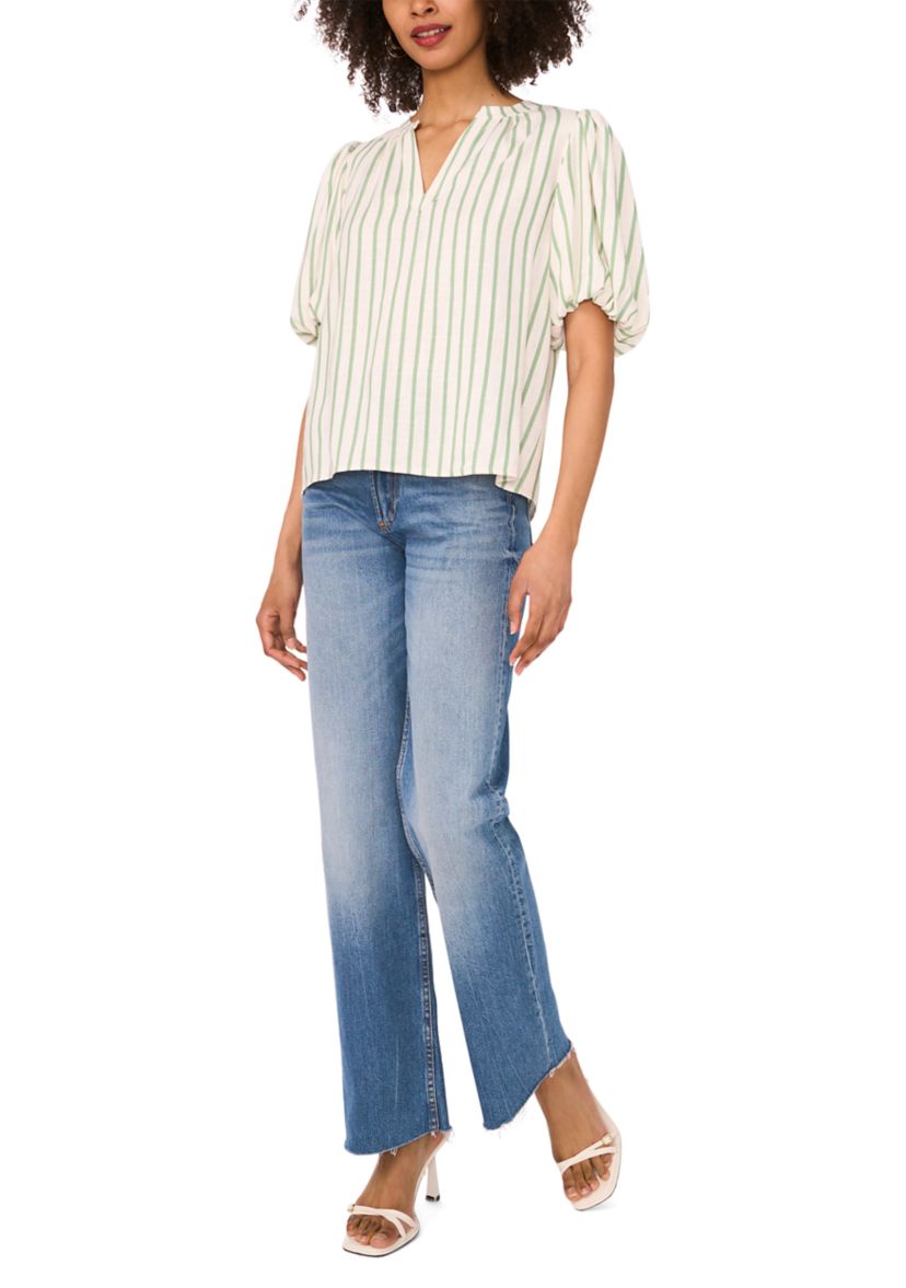 Womens Puff Sleeve Stripe Linen Split Neck Blouse