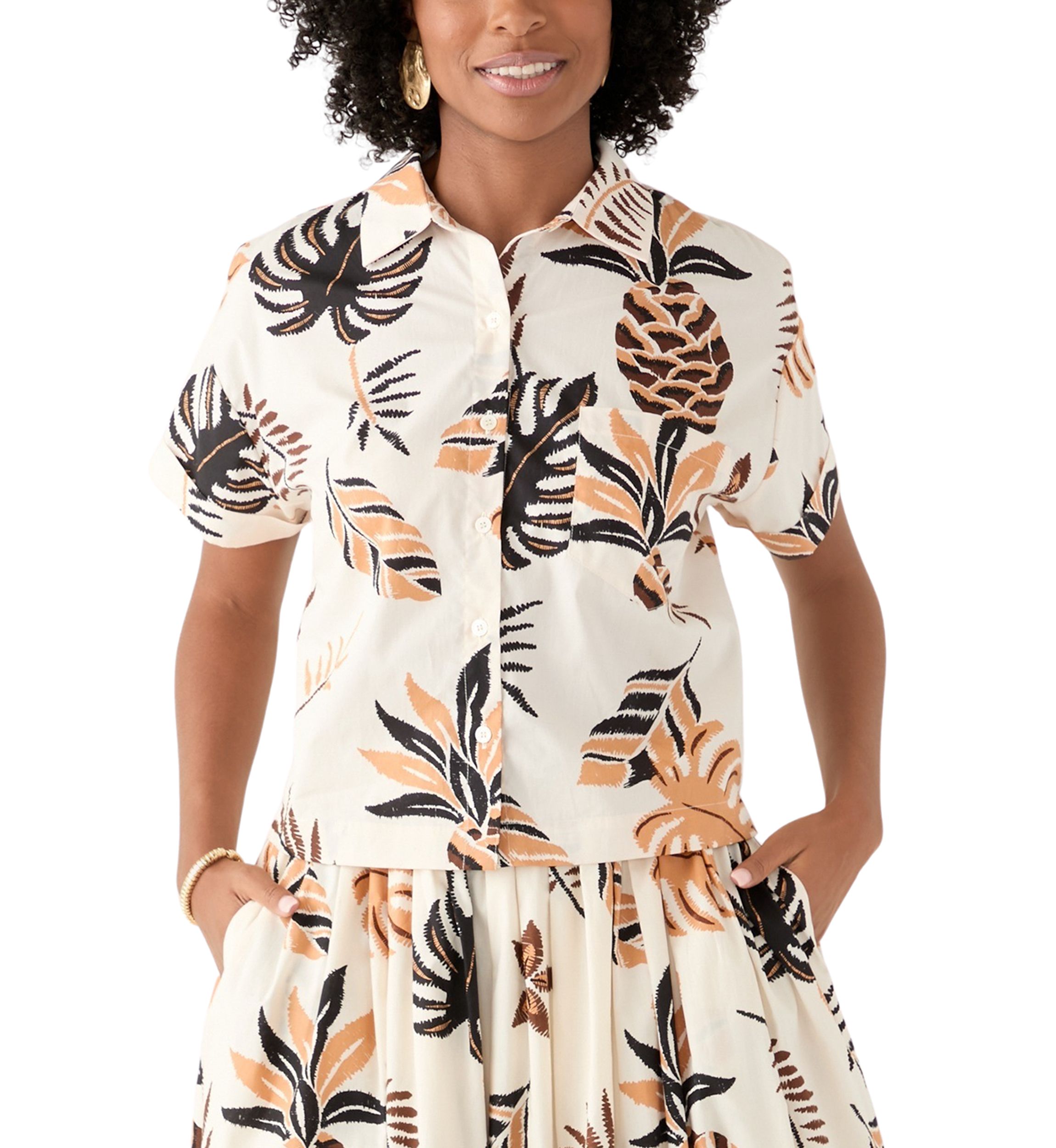 Womens Short Sleeve Pineapple Print Camp Shirt