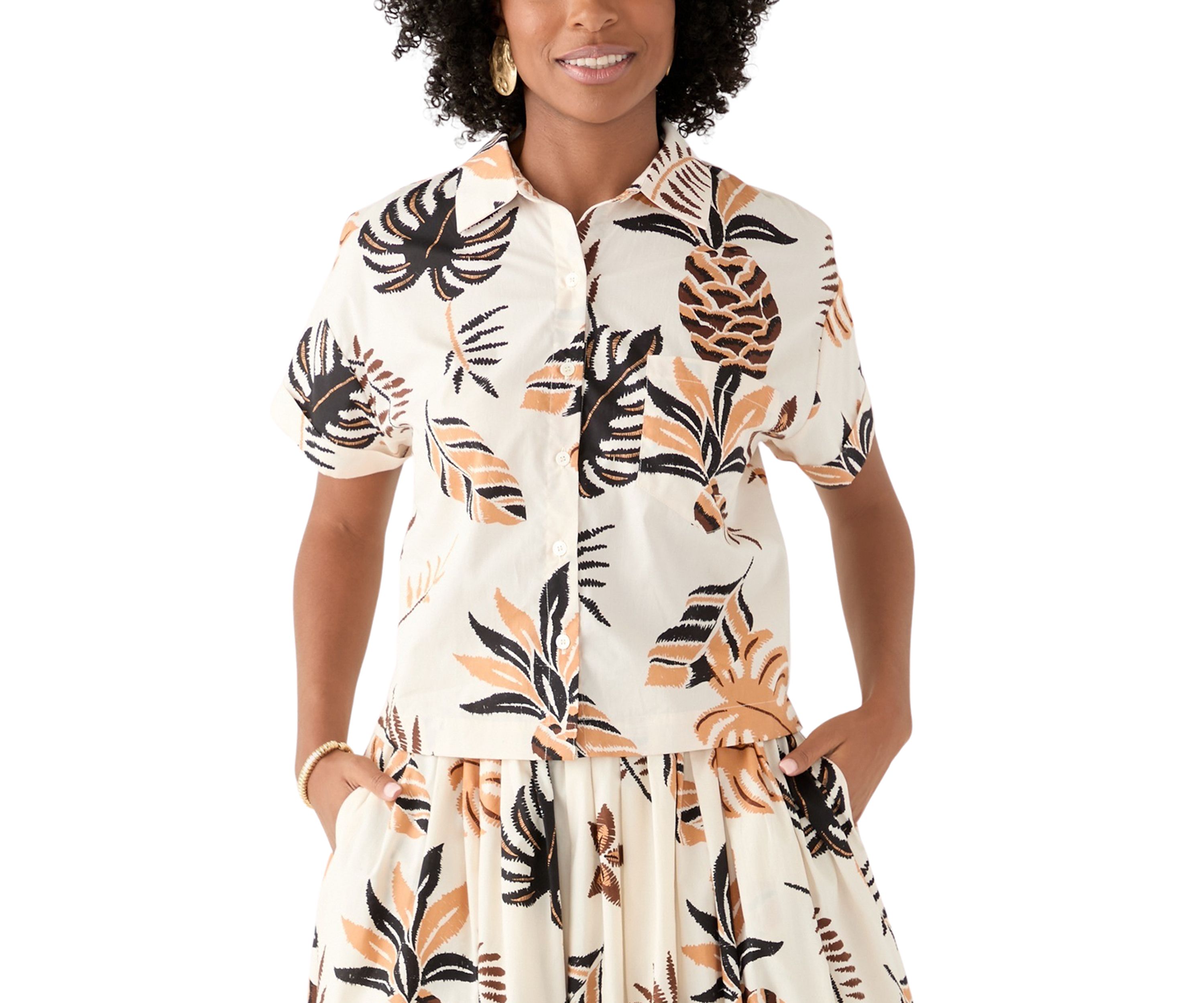 Womens Short Sleeve Pineapple Print Camp Shirt