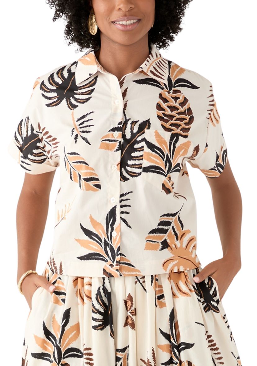 Womens Short Sleeve Pineapple Print Camp Shirt