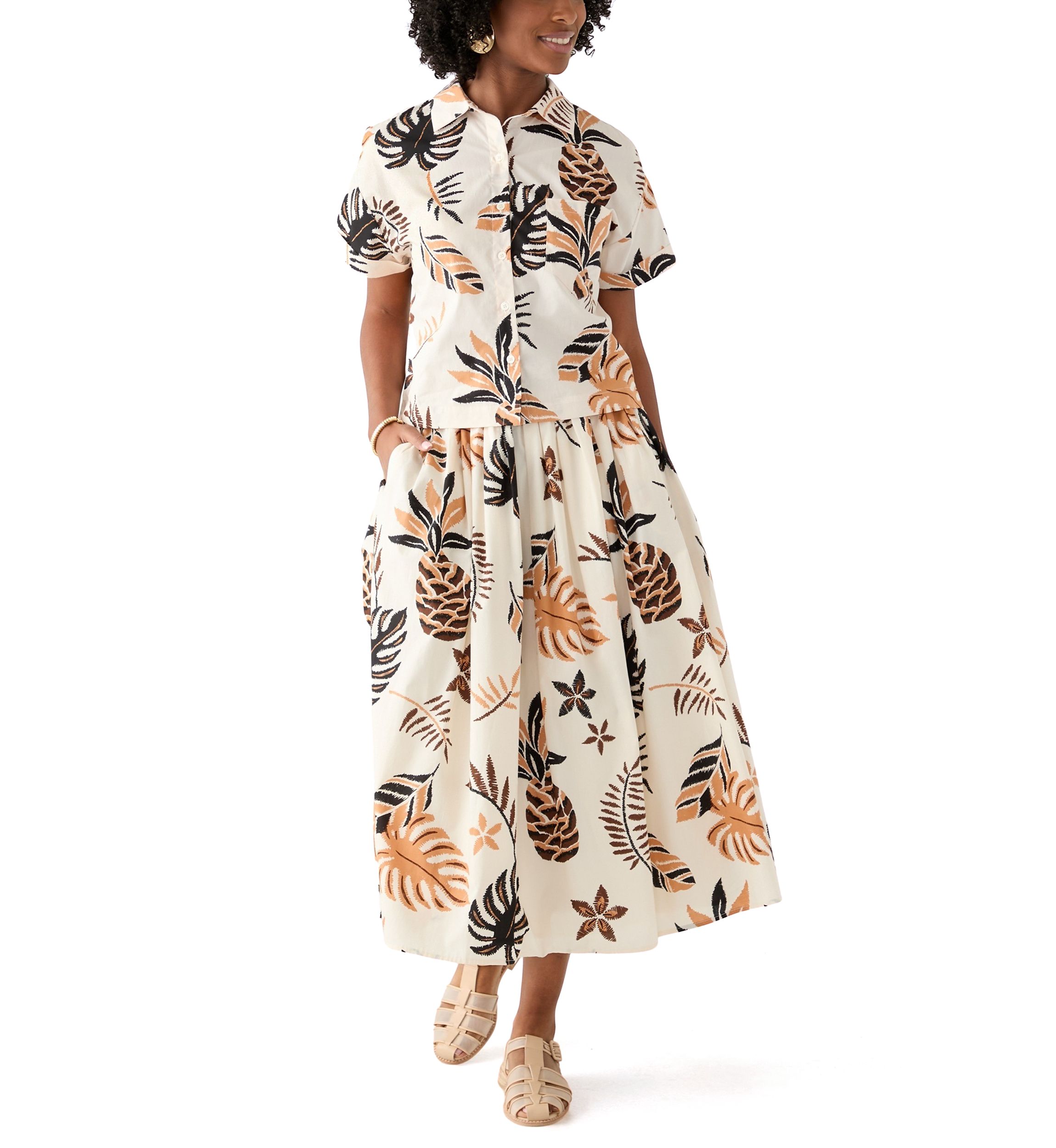 Womens Short Sleeve Pineapple Print Camp Shirt