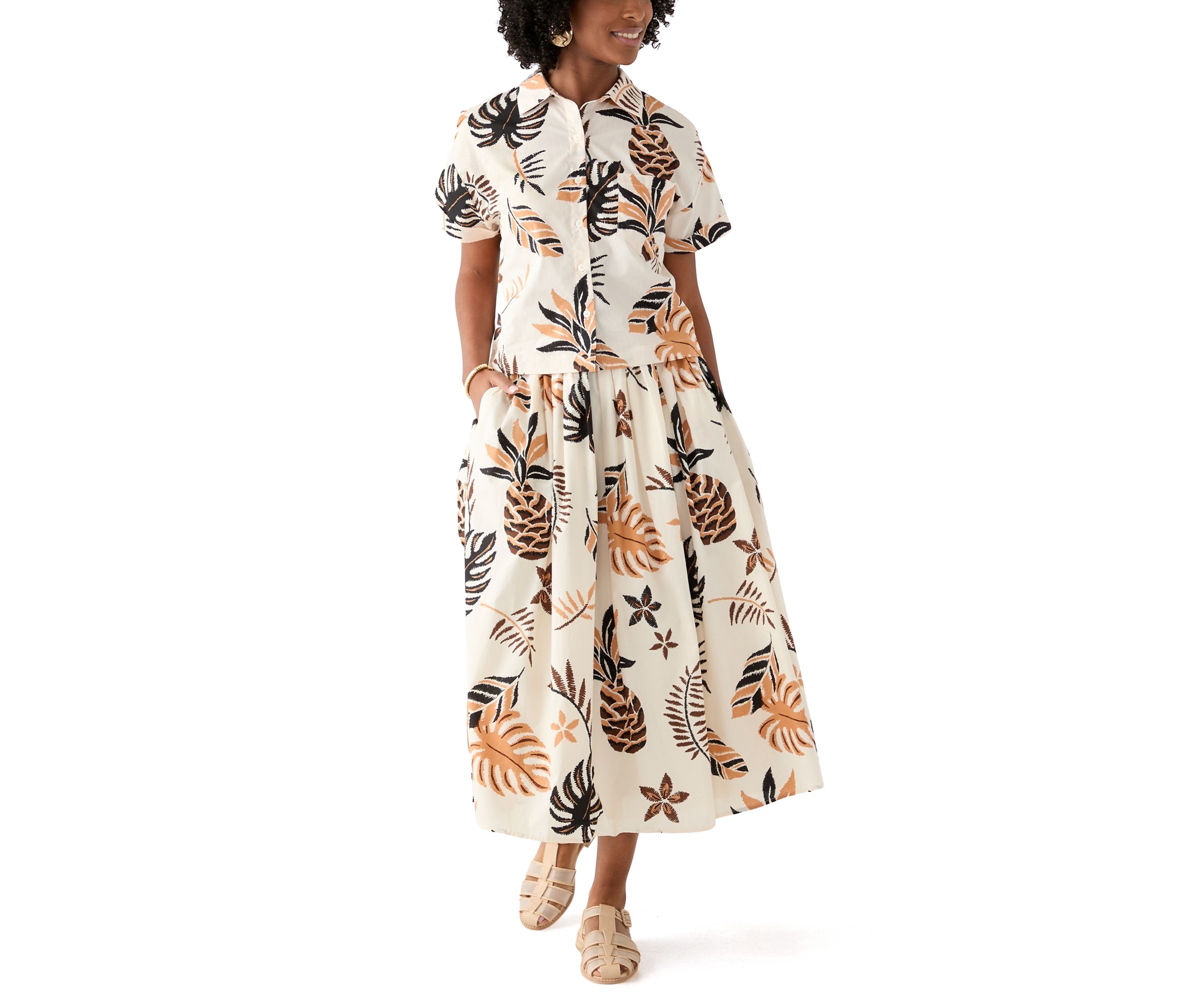 Womens Short Sleeve Pineapple Print Camp Shirt