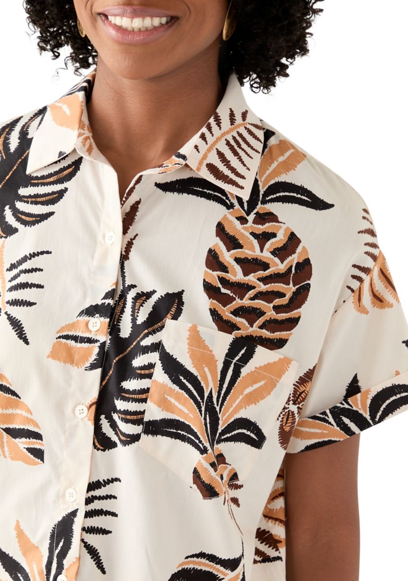 Womens Short Sleeve Pineapple Print Camp Shirt