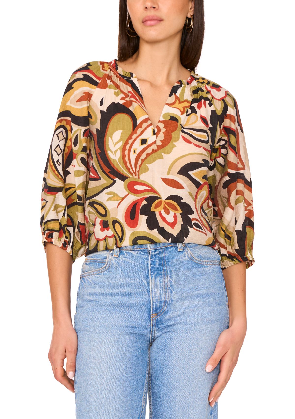 Womens 3/4 Sleeve Paisley Split Neck Blouse