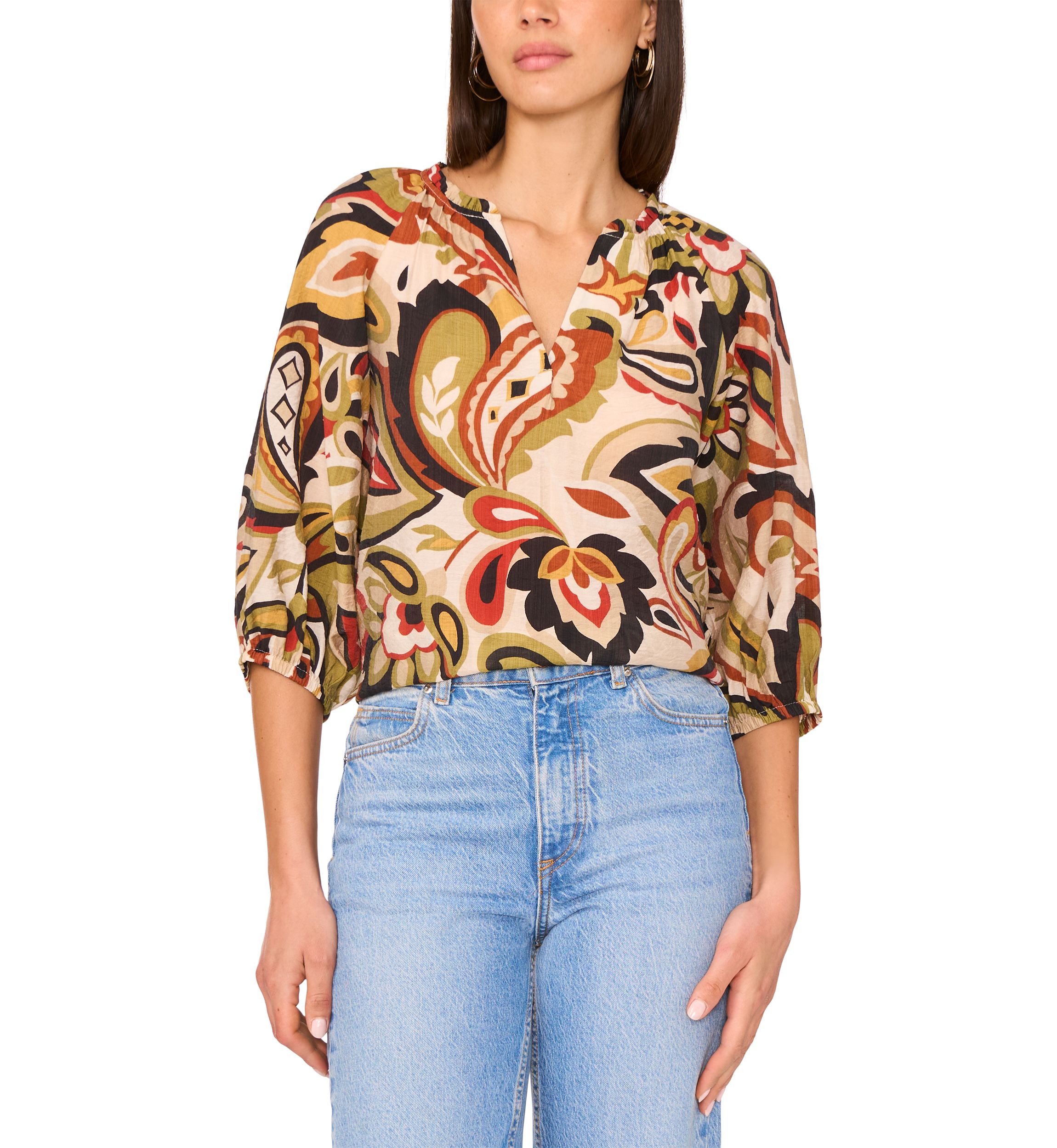 Womens 3/4 Sleeve Paisley Split Neck Blouse