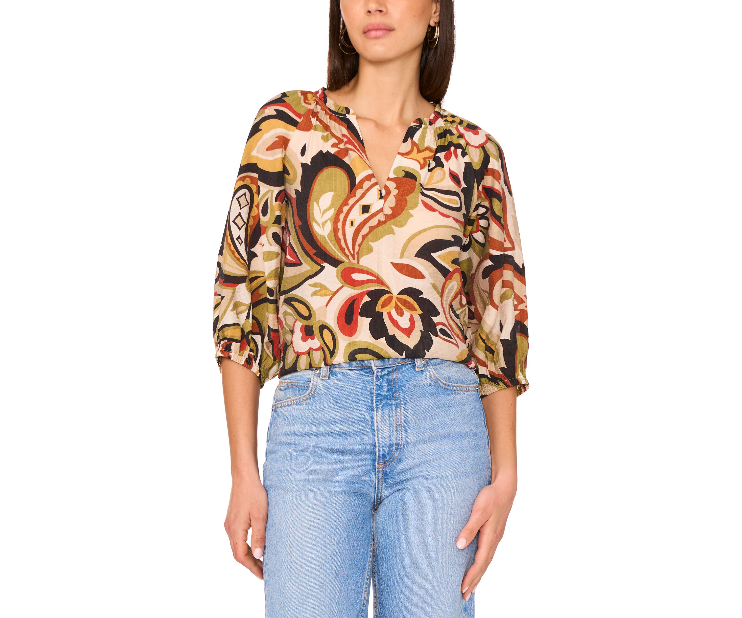 Womens 3/4 Sleeve Paisley Split Neck Blouse