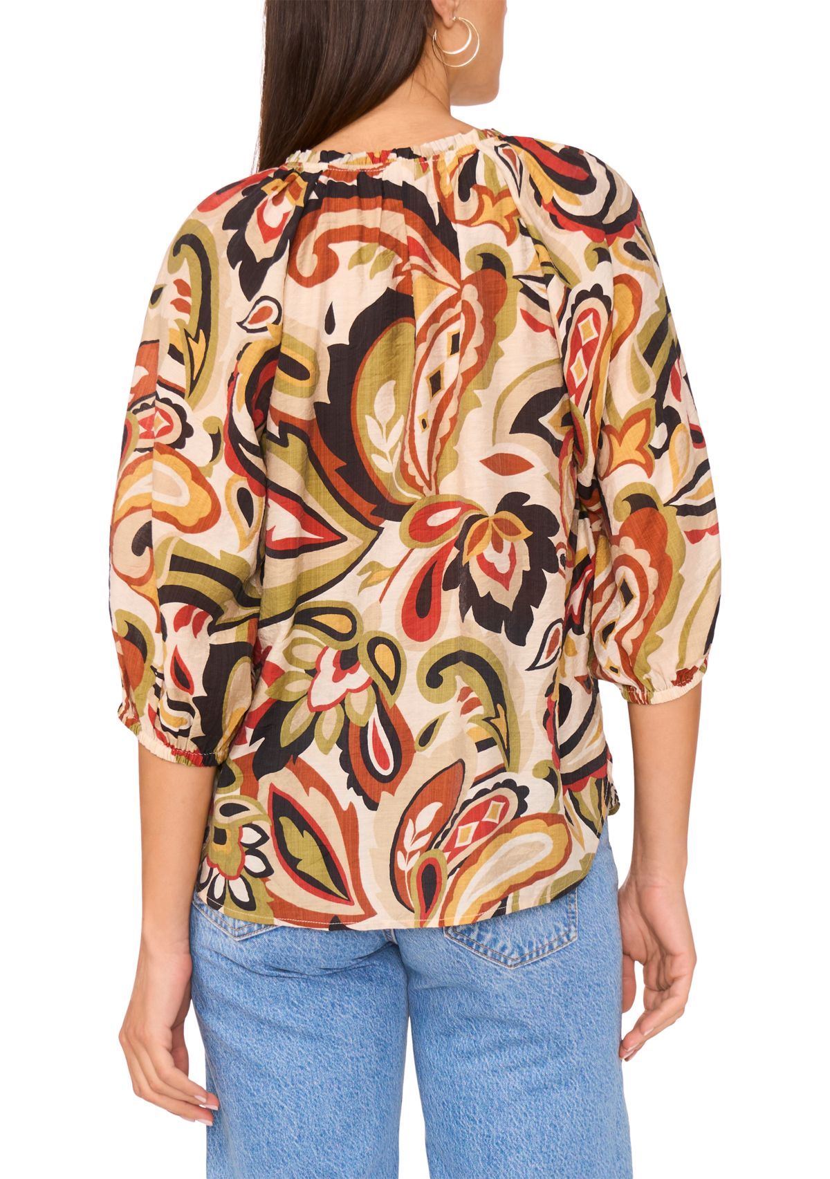 Womens 3/4 Sleeve Paisley Split Neck Blouse