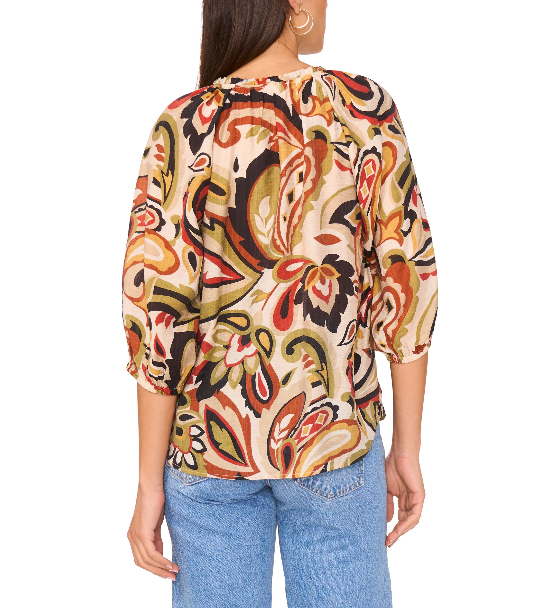 Womens 3/4 Sleeve Paisley Split Neck Blouse
