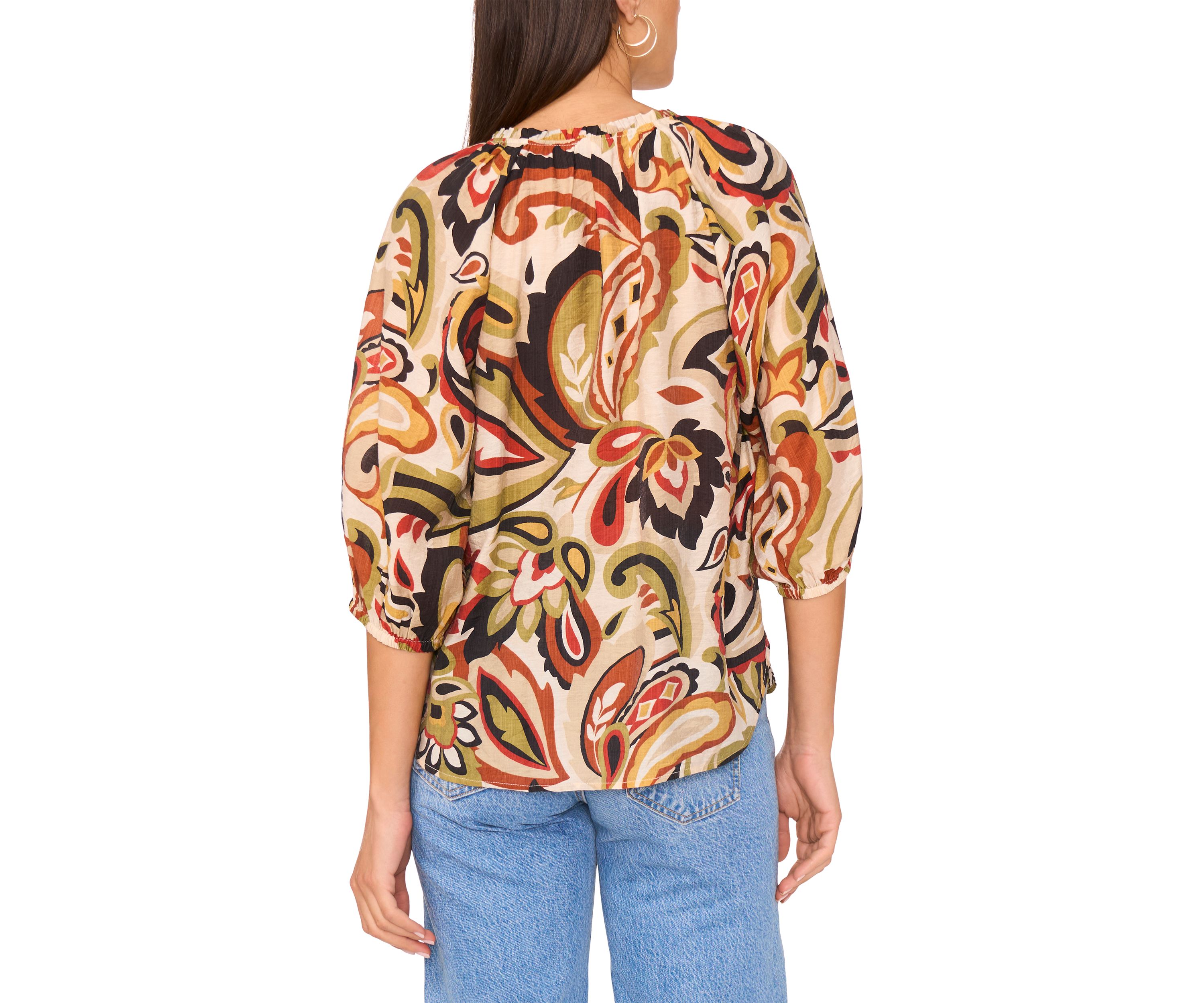 Womens 3/4 Sleeve Paisley Split Neck Blouse