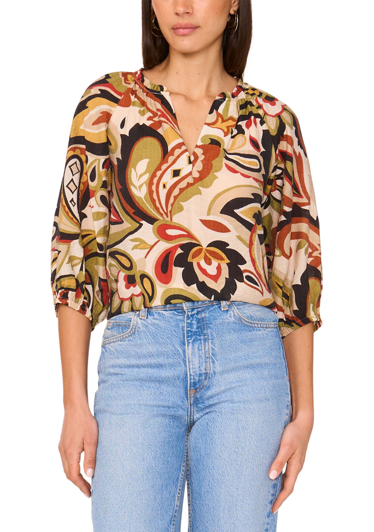 Womens 3/4 Sleeve Paisley Split Neck Blouse