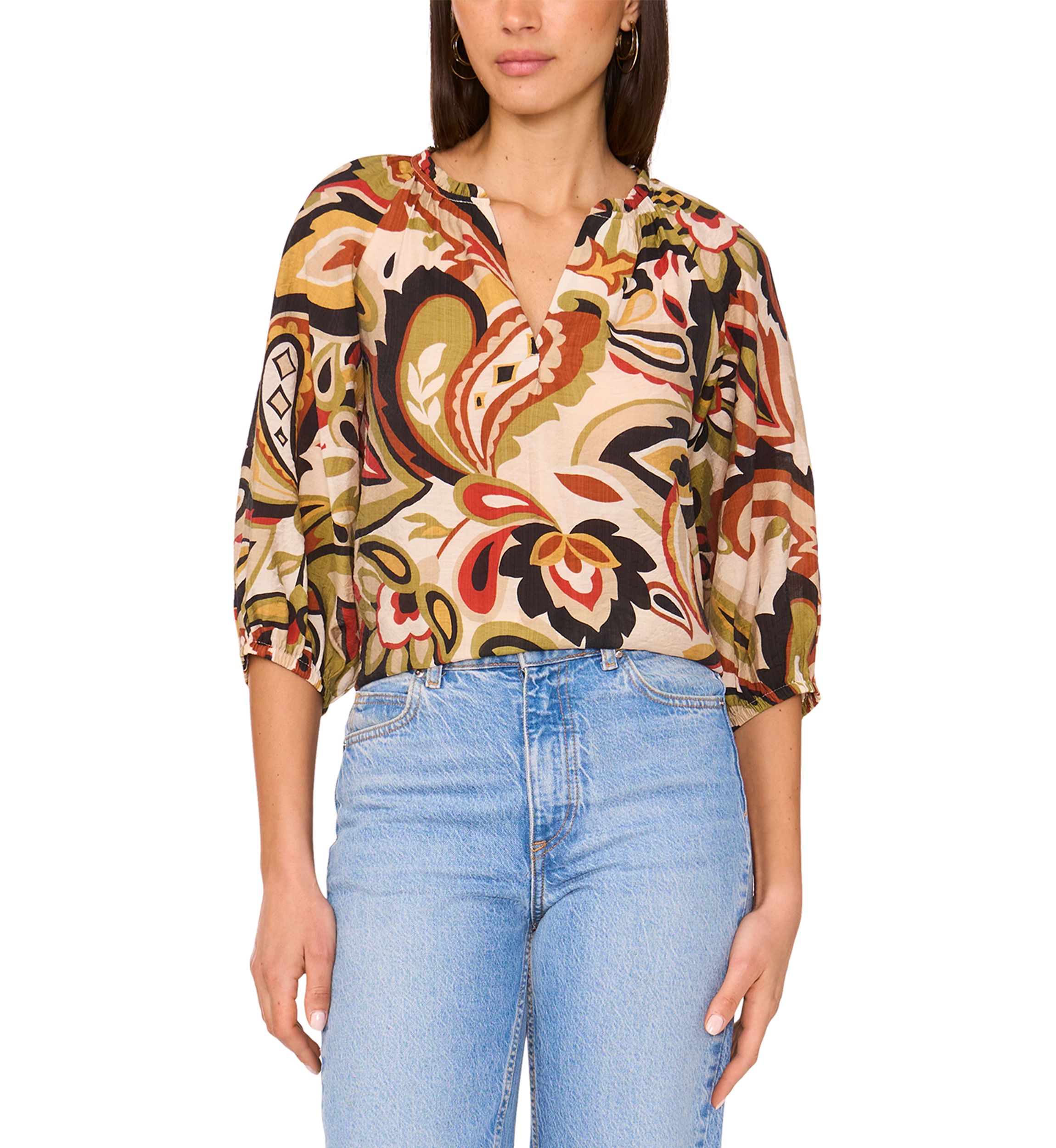 Womens 3/4 Sleeve Paisley Split Neck Blouse