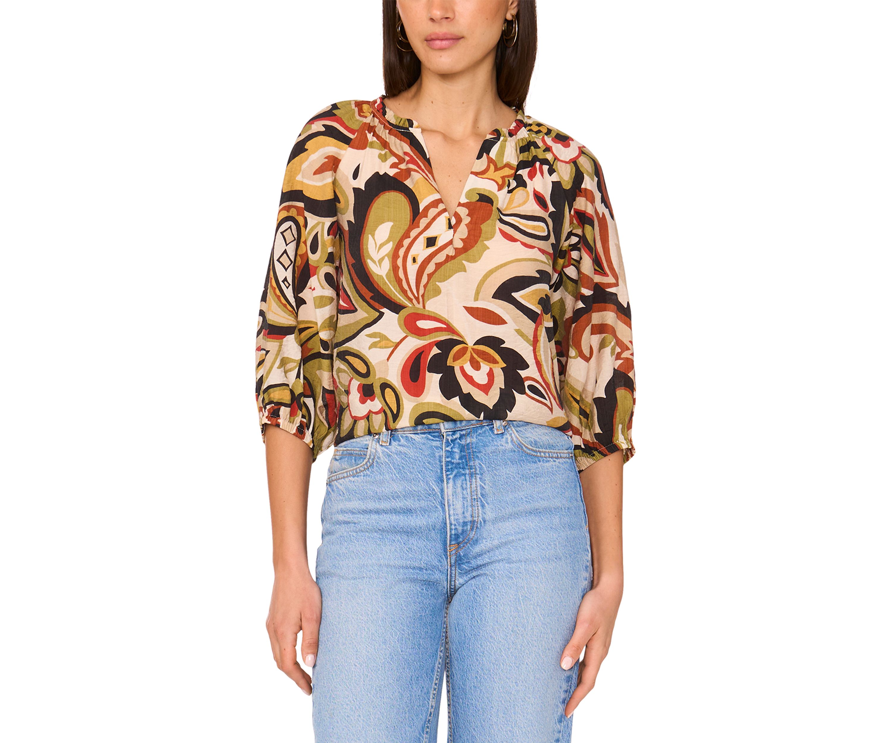 Womens 3/4 Sleeve Paisley Split Neck Blouse