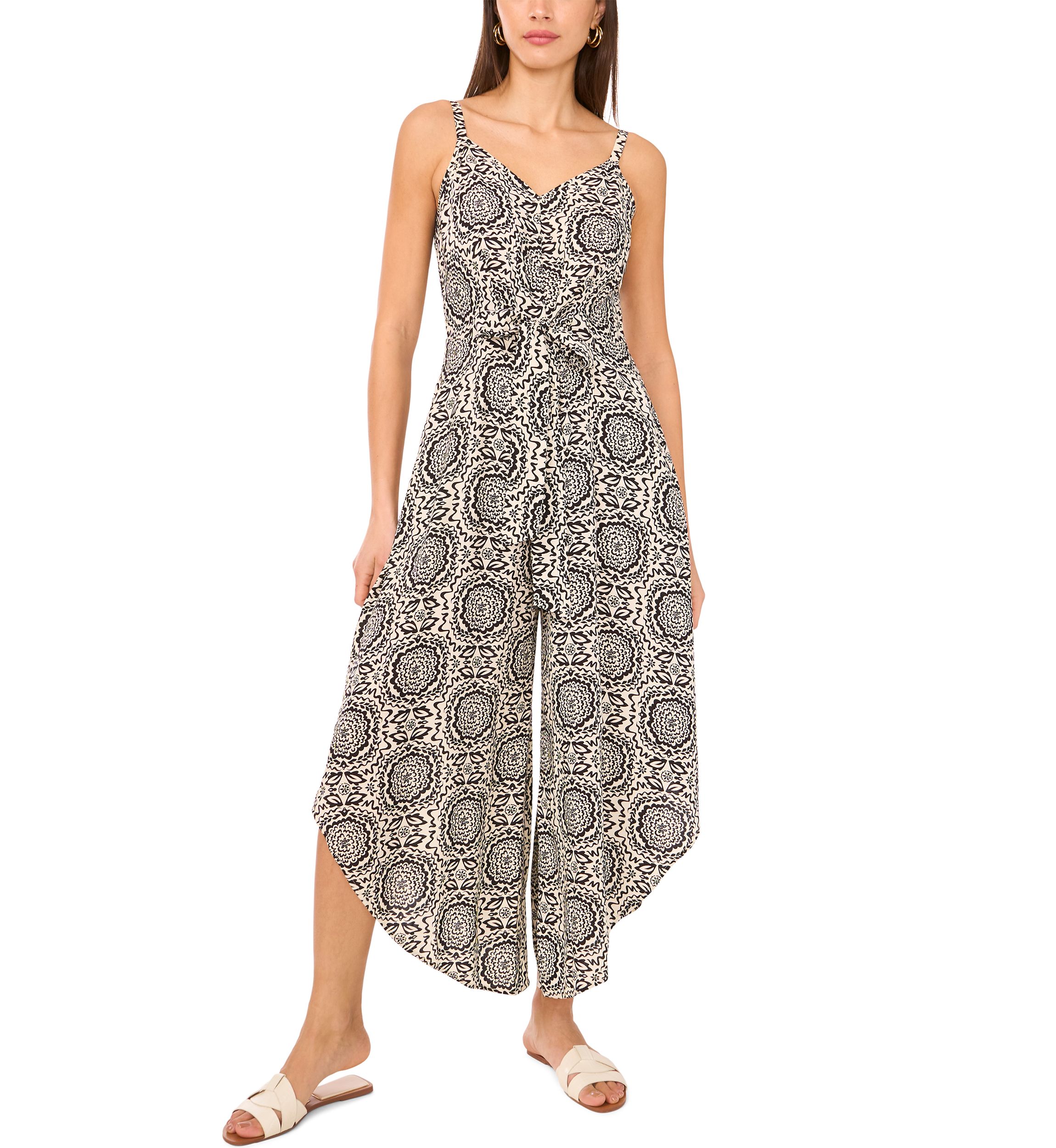 Womens Medallion Tie Front Challis Jumpsuit