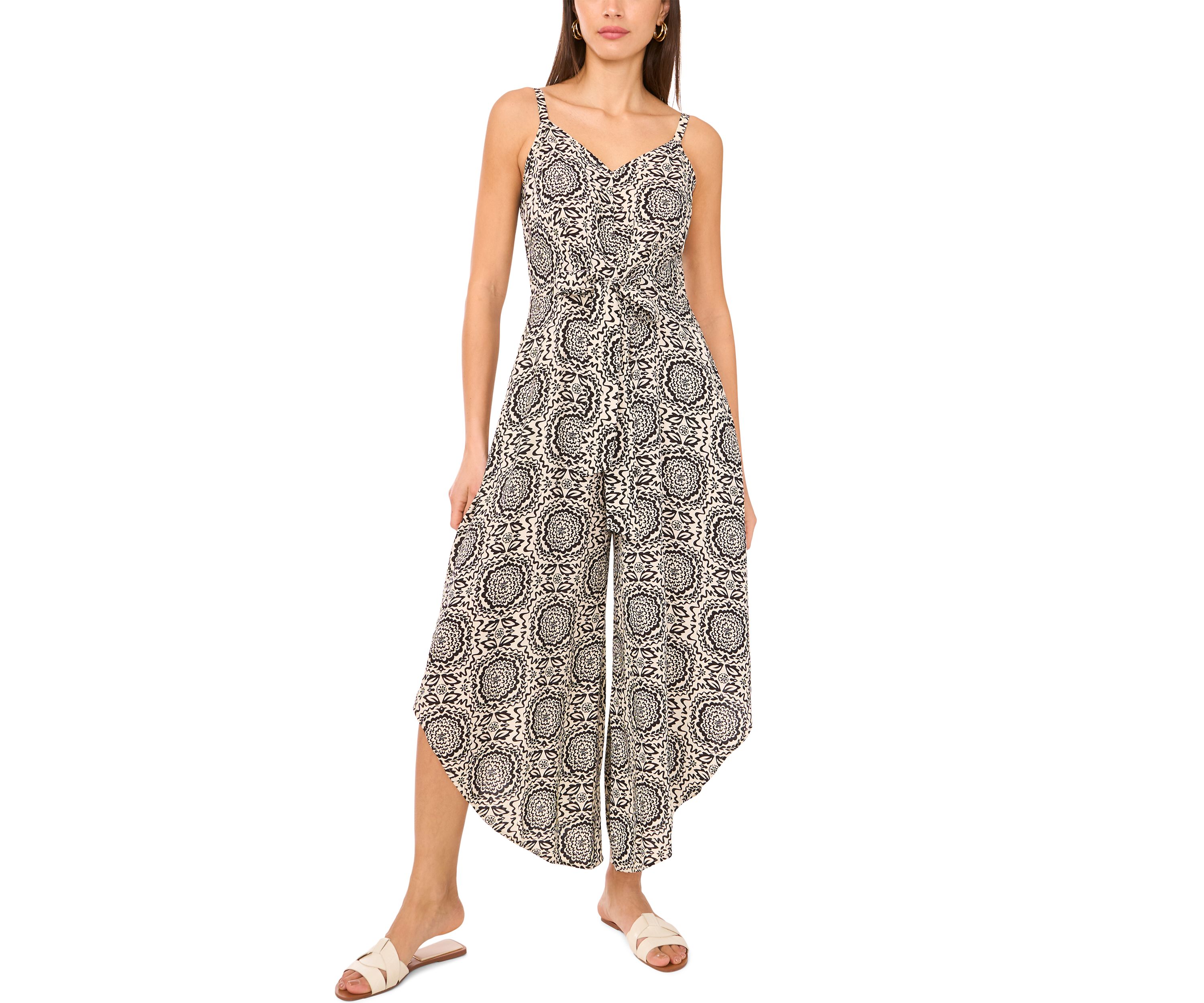 Womens Medallion Tie Front Challis Jumpsuit