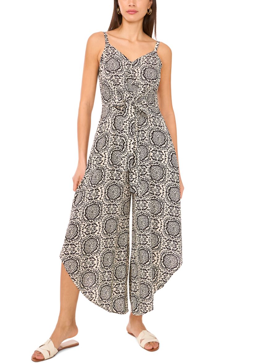 Womens Medallion Tie Front Challis Jumpsuit