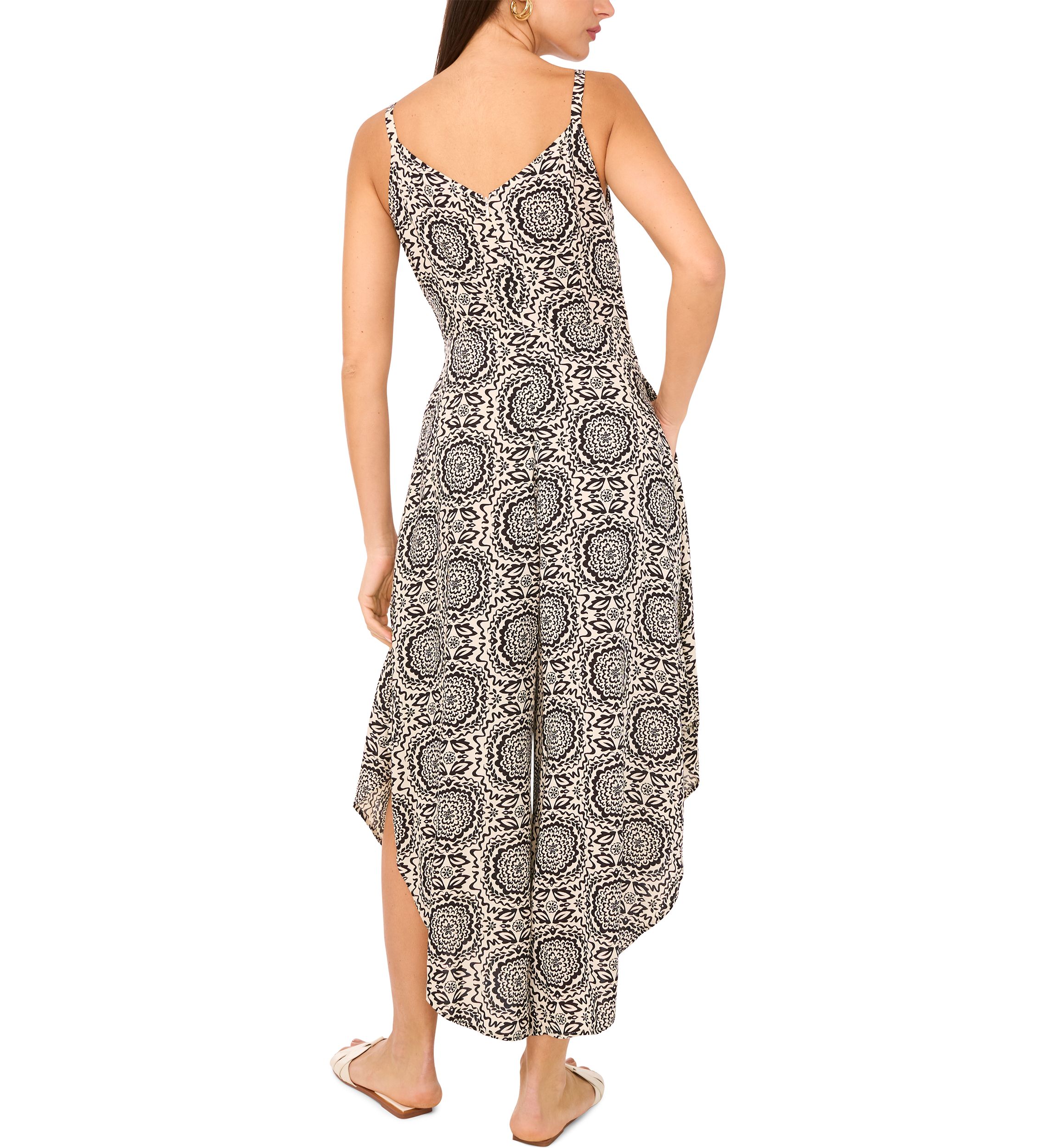 Womens Medallion Tie Front Challis Jumpsuit