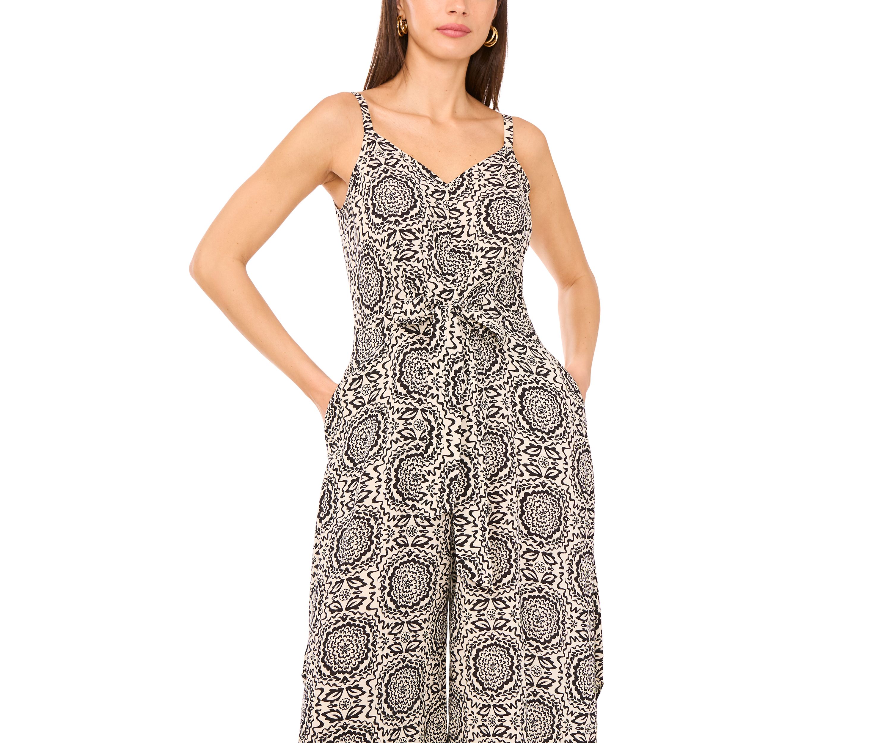 Womens Medallion Tie Front Challis Jumpsuit