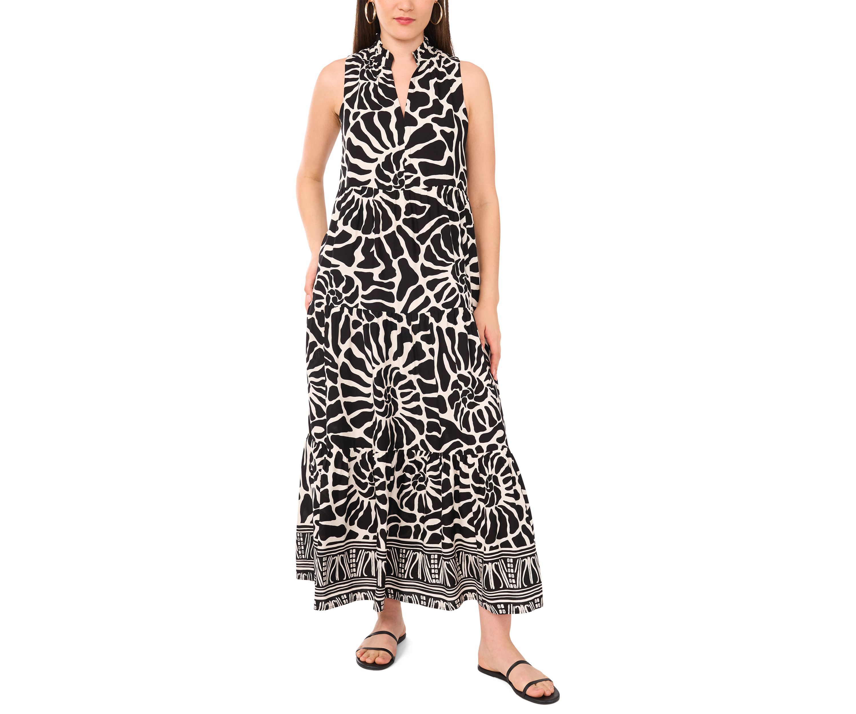 Womens Border Shell Printed Tiered Challis Maxi Dress