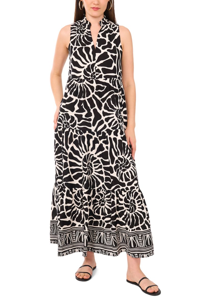 Womens Border Shell Printed Tiered Challis Maxi Dress
