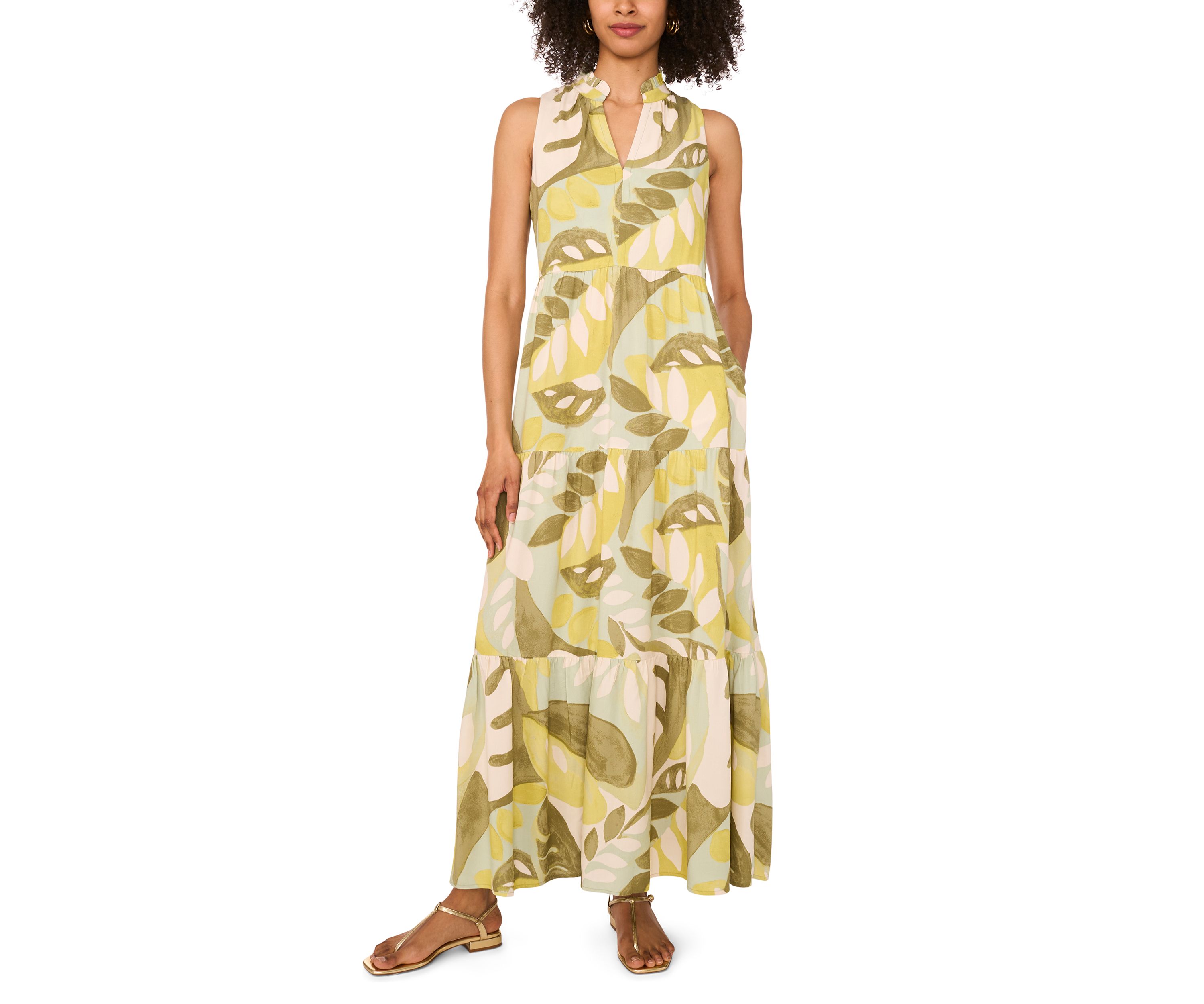 Womens Abstract Leaf Split Neck Tiered Maxi Dress