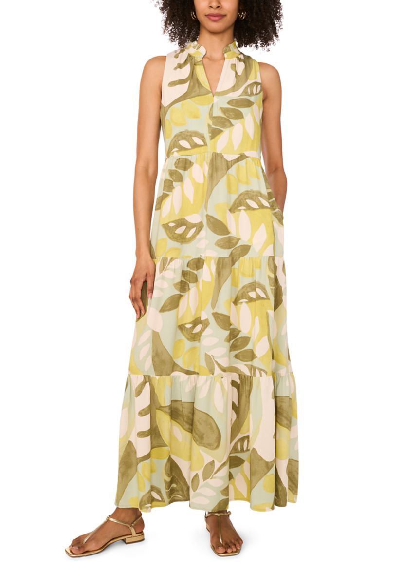 Womens Abstract Leaf Split Neck Tiered Maxi Dress