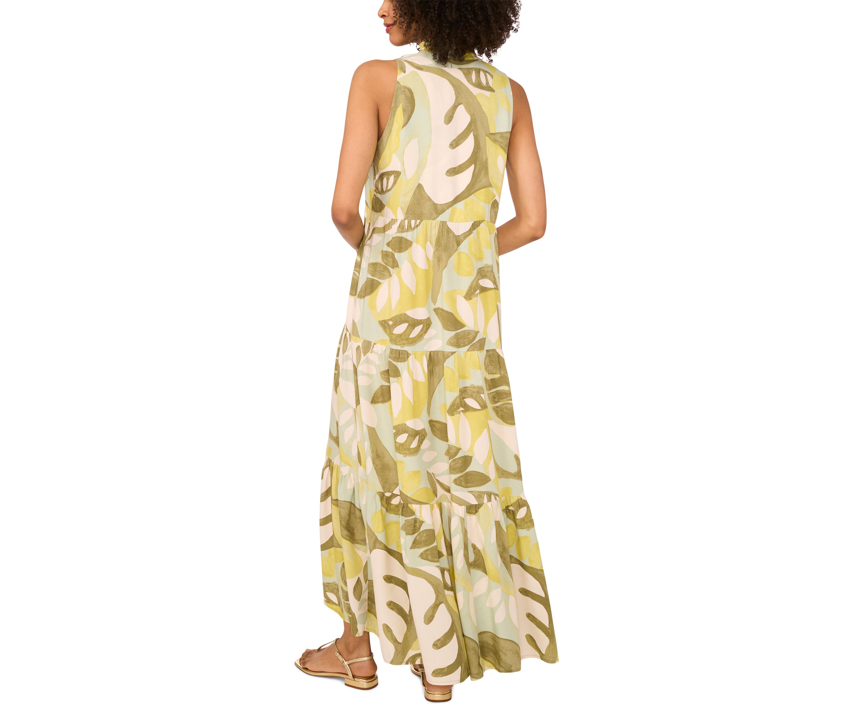 Womens Abstract Leaf Split Neck Tiered Maxi Dress