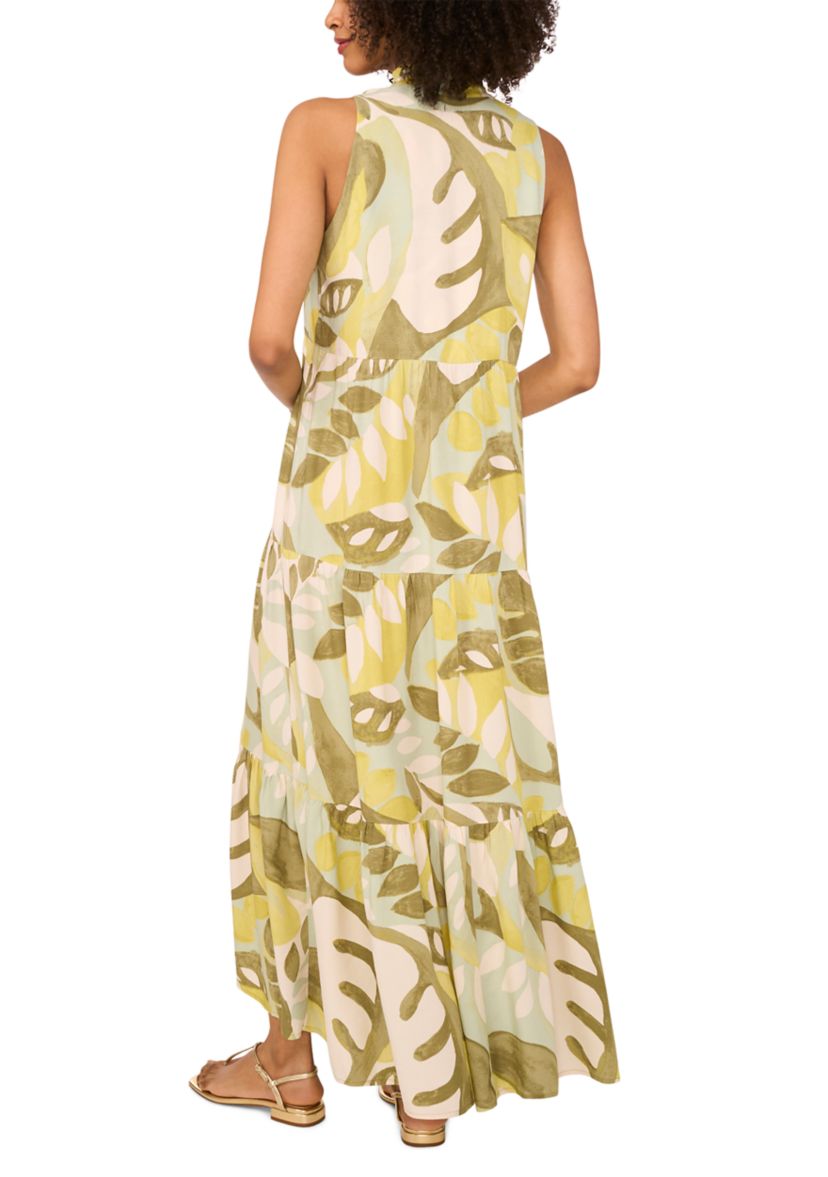Womens Abstract Leaf Split Neck Tiered Maxi Dress