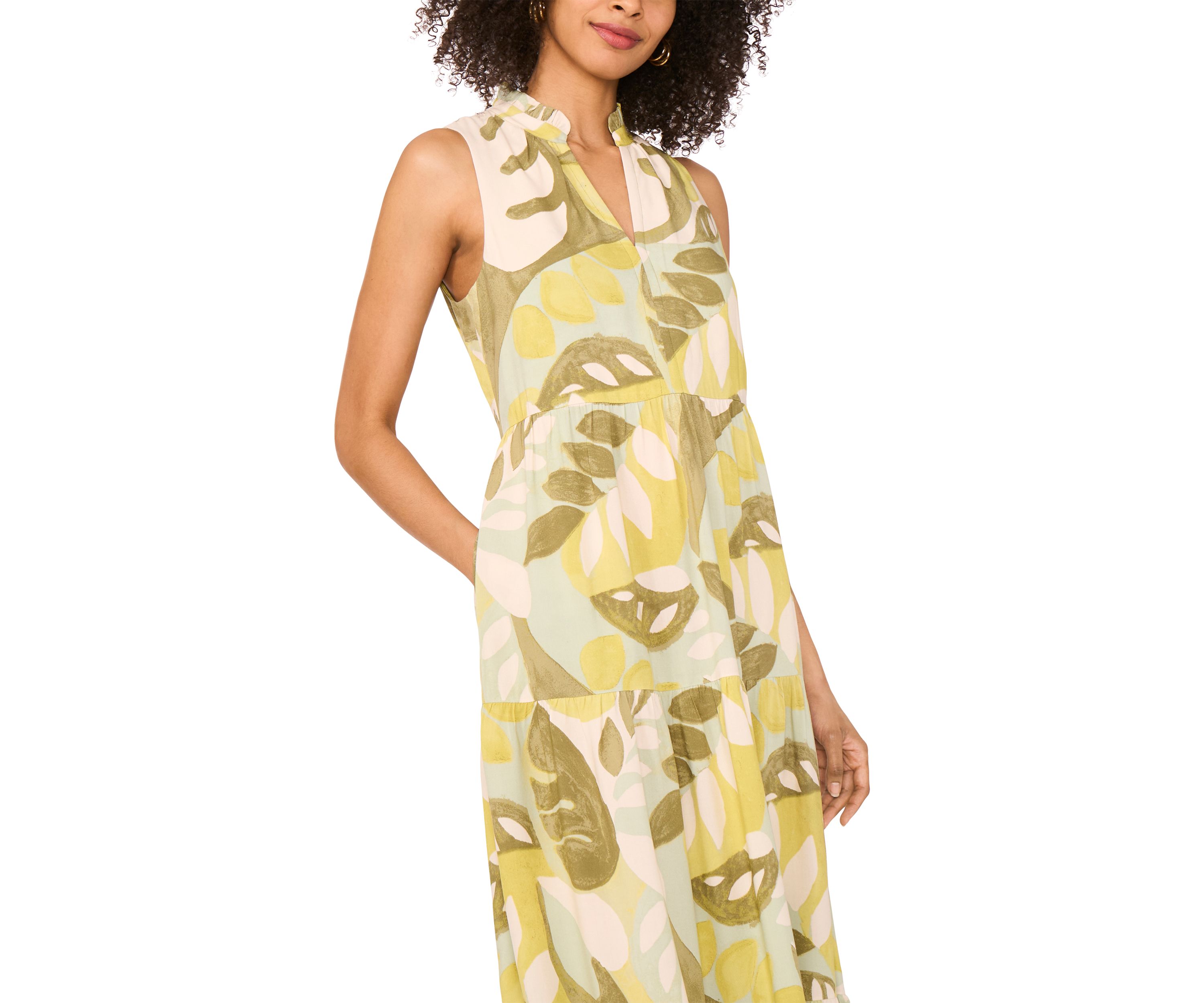 Womens Abstract Leaf Split Neck Tiered Maxi Dress