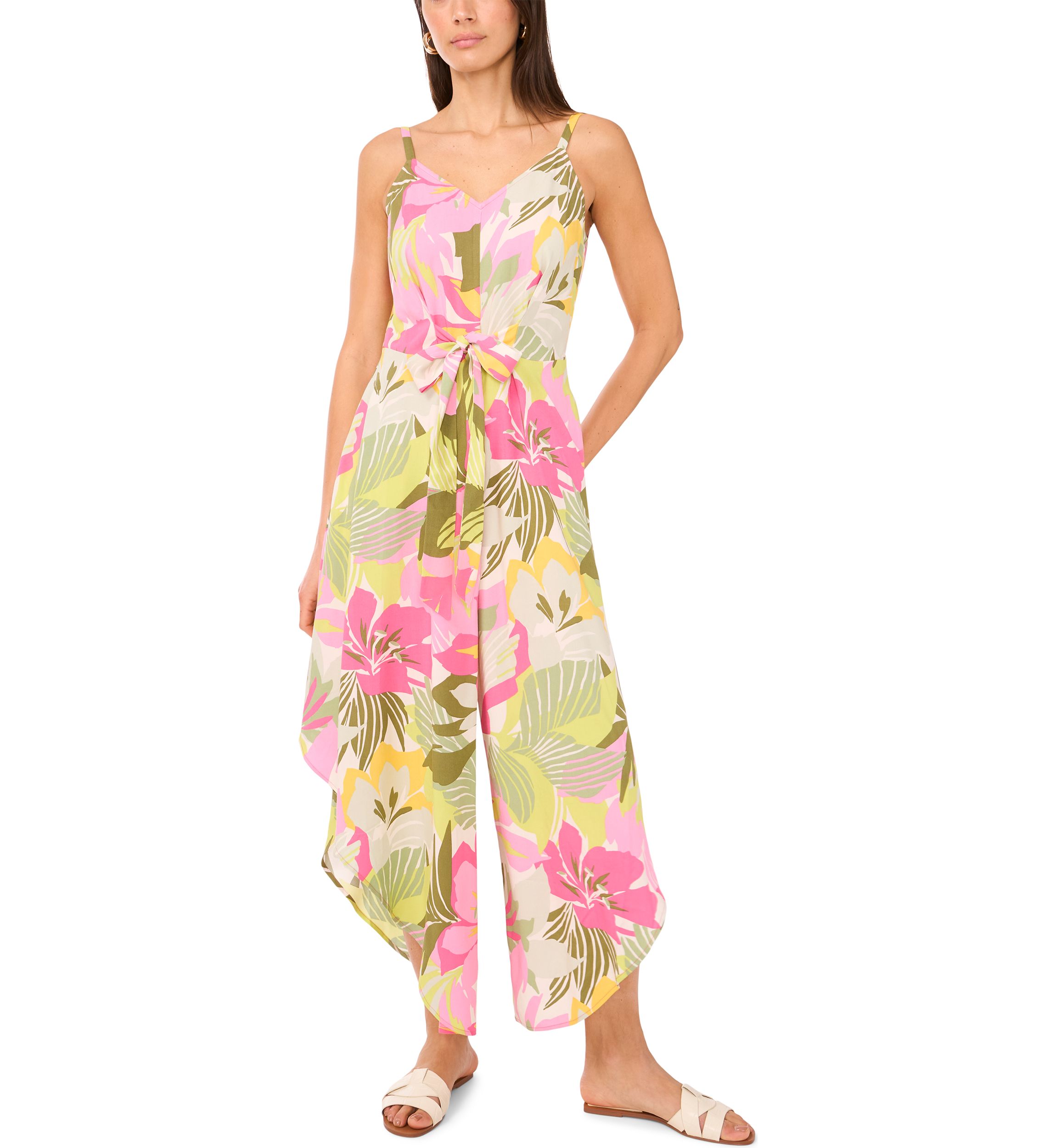 Womens Multicolor Floral Tie Front Challis Jumpsuit