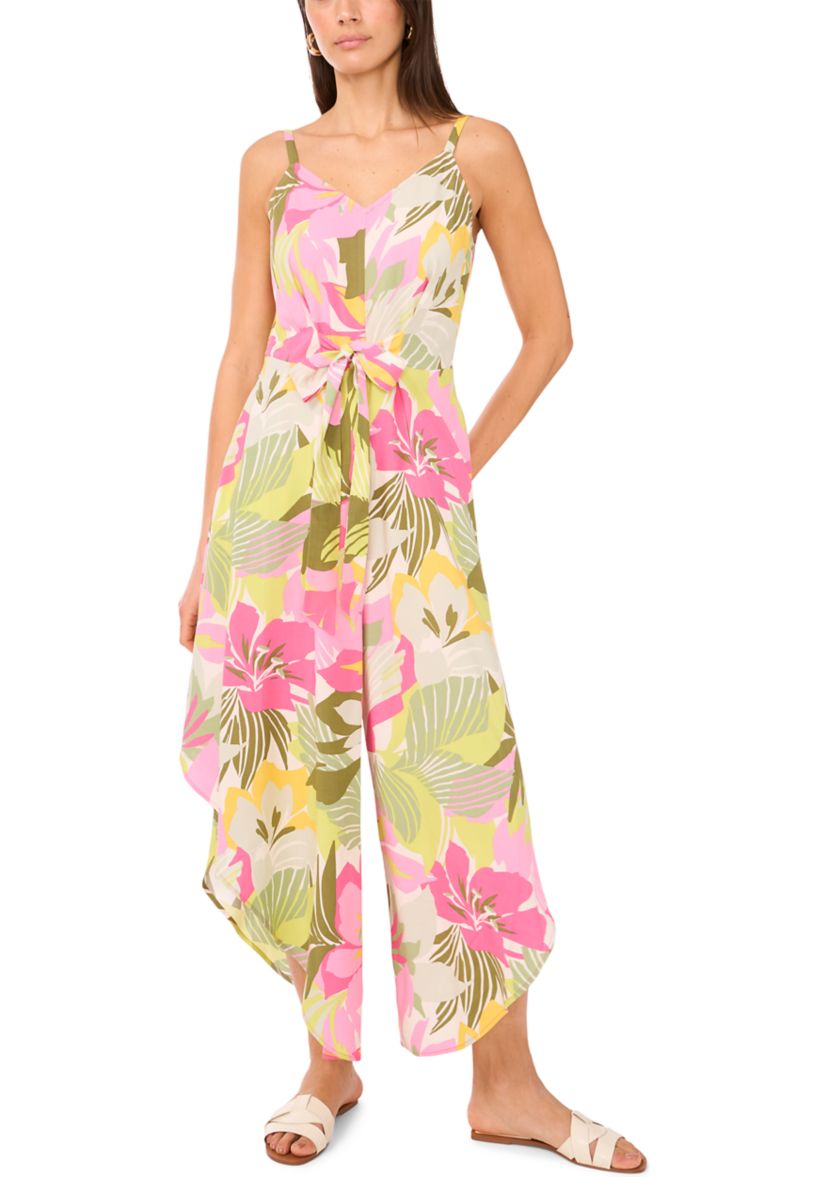 Womens Multicolor Floral Tie Front Challis Jumpsuit