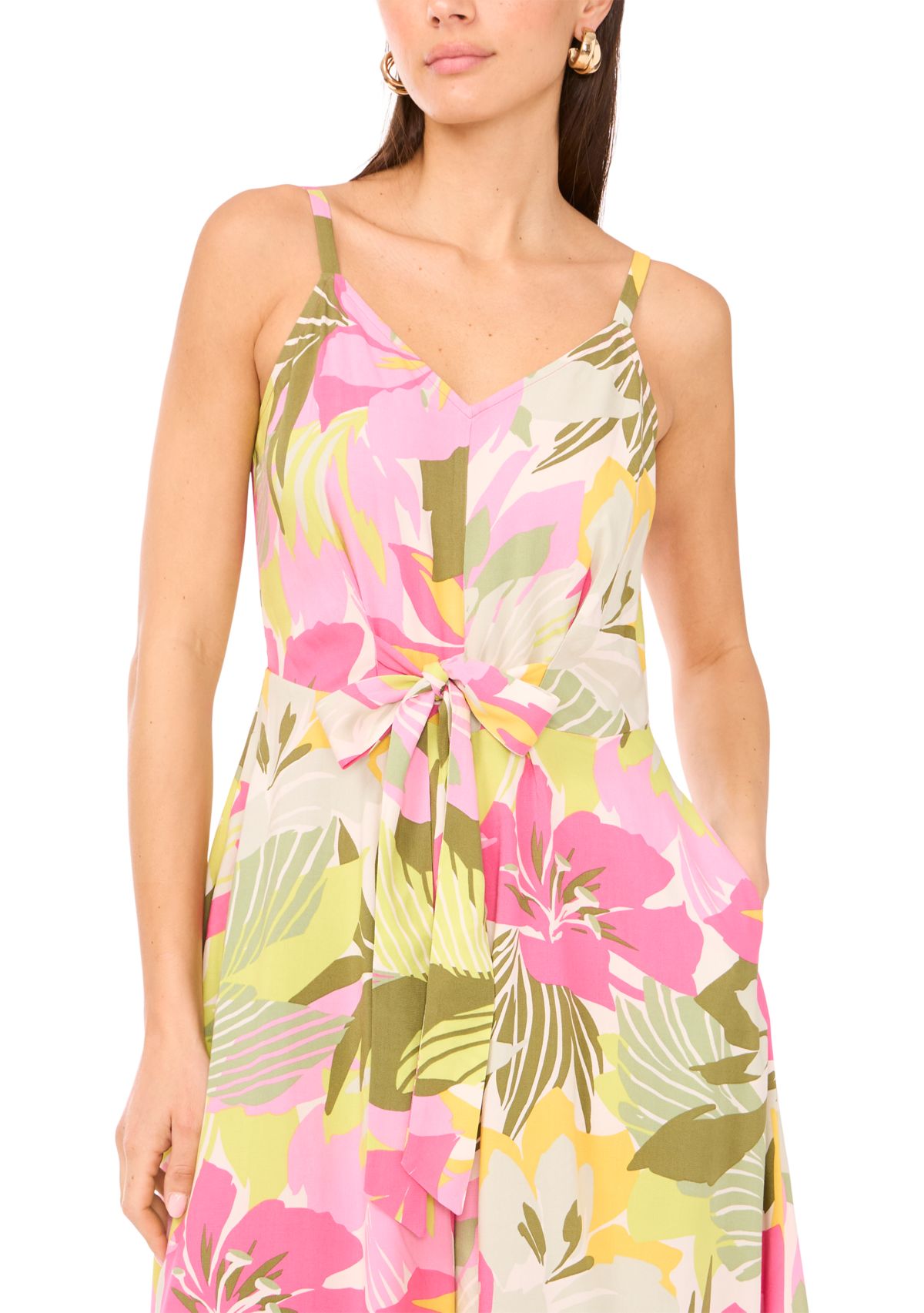 Womens Multicolor Floral Tie Front Challis Jumpsuit