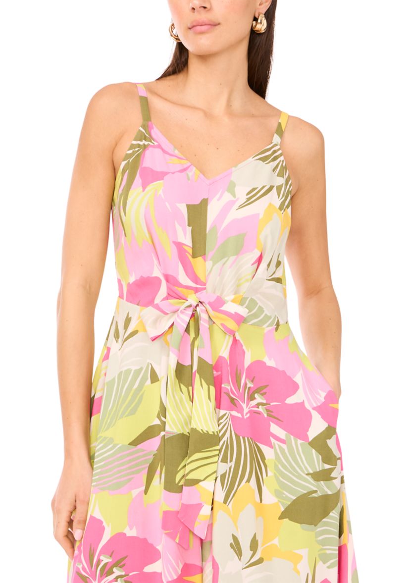 Womens Multicolor Floral Tie Front Challis Jumpsuit