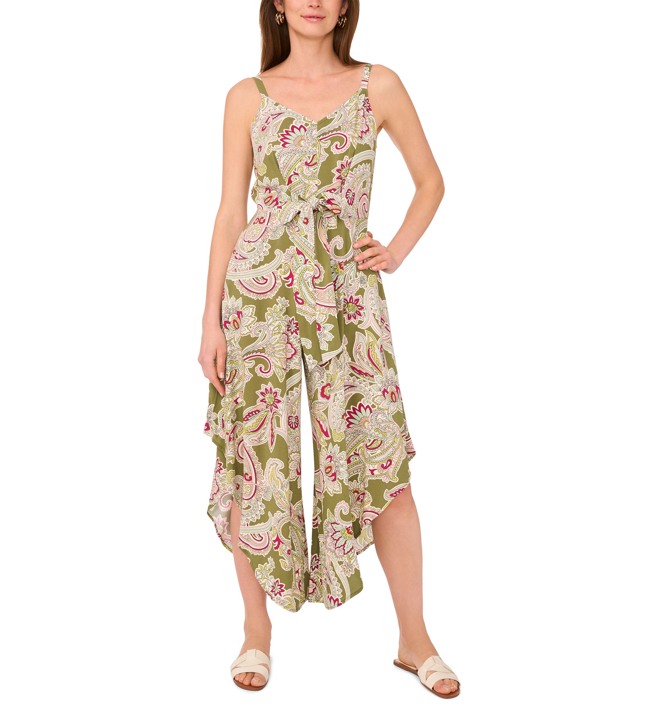 Womens Paisley Tie Front Challis Jumpsuit