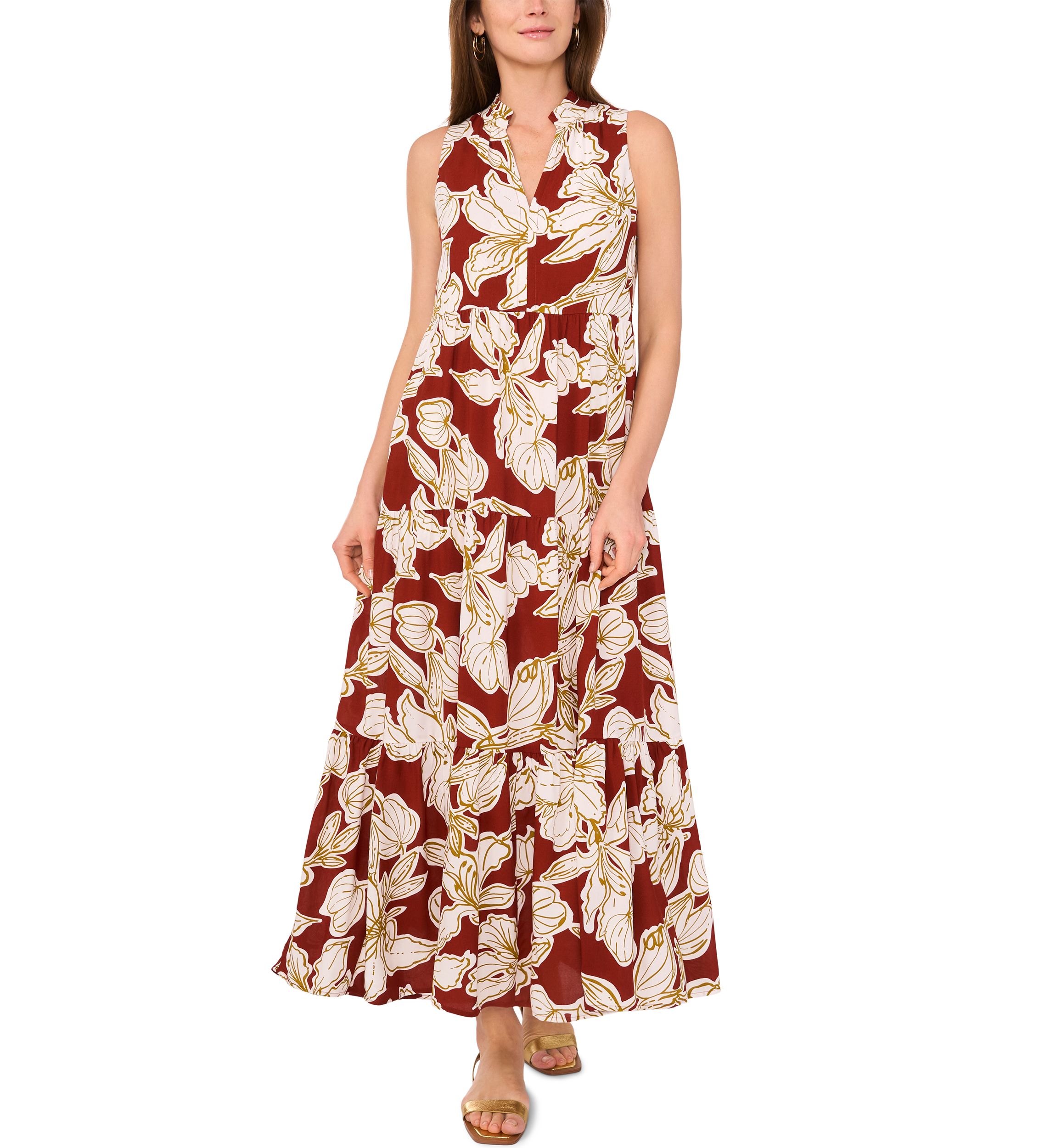Womens Tropical Floral Split Neck Tier Challis Dress