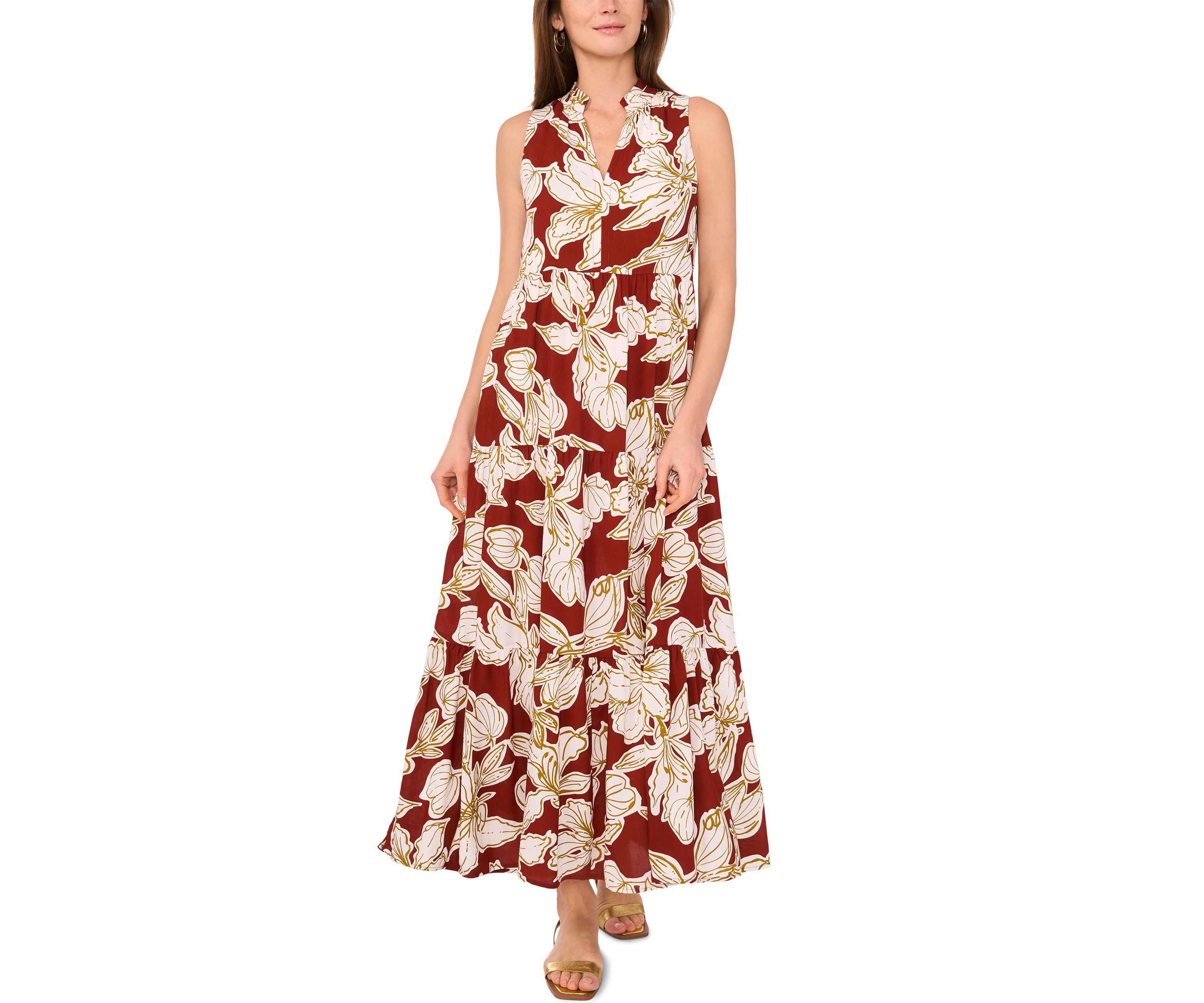 Womens Tropical Floral Split Neck Tier Challis Dress
