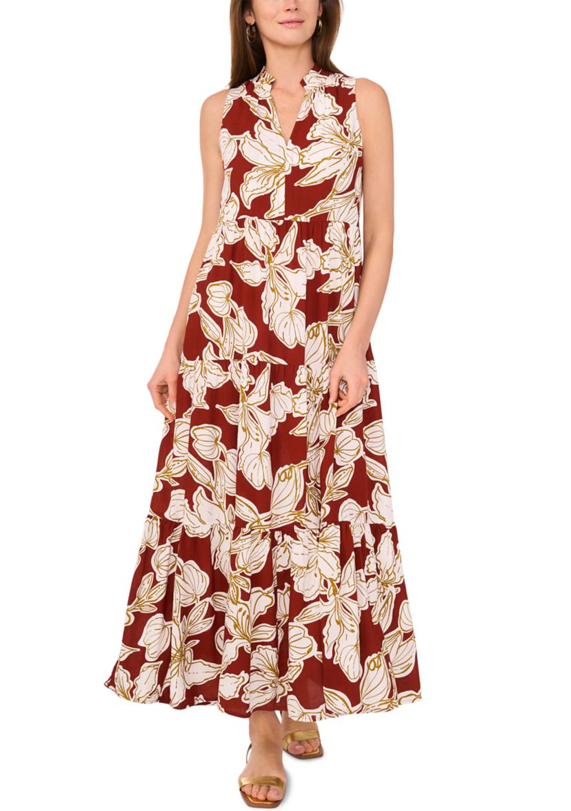 Womens Tropical Floral Split Neck Tier Challis Dress