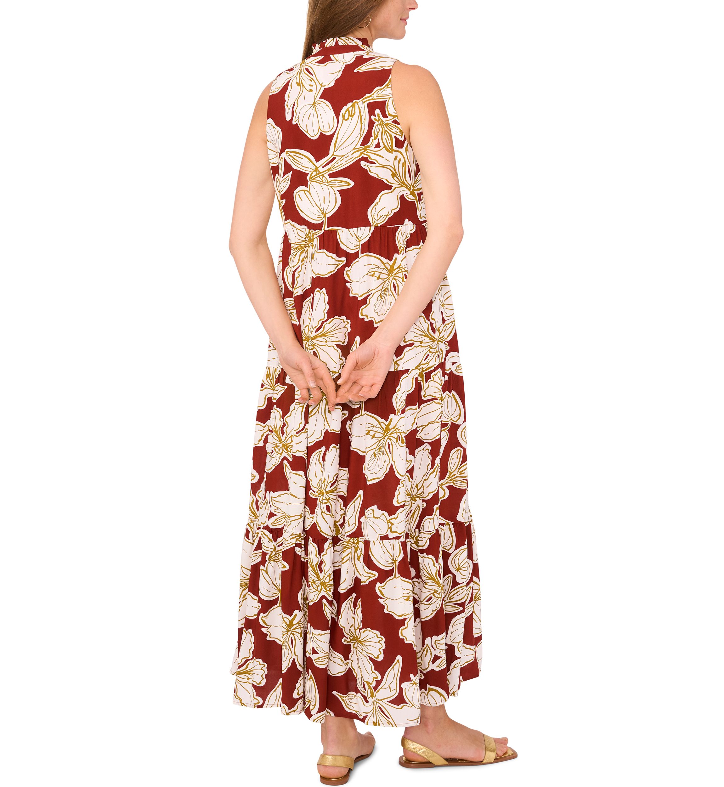 Womens Tropical Floral Split Neck Tier Challis Dress