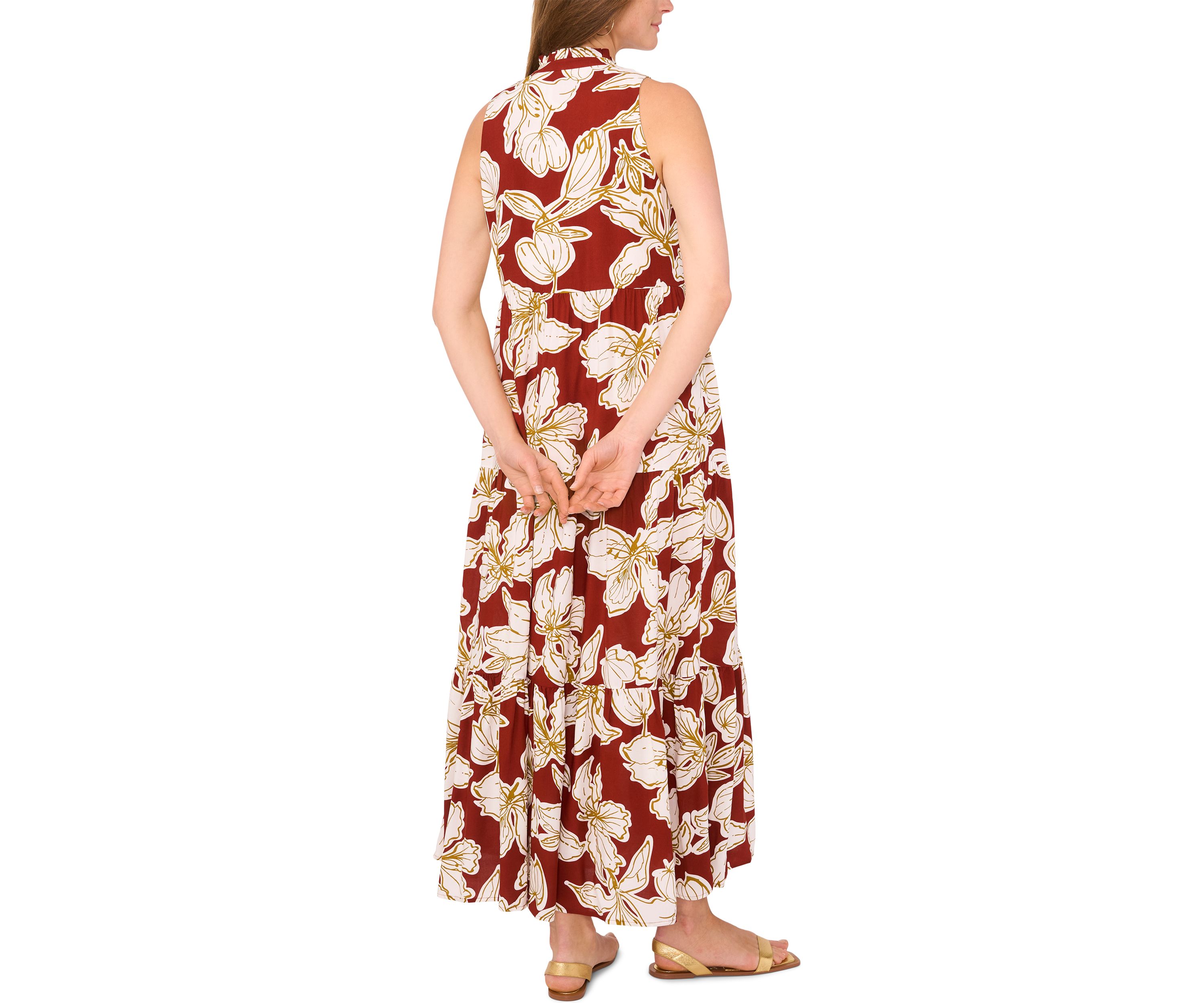 Womens Tropical Floral Split Neck Tier Challis Dress