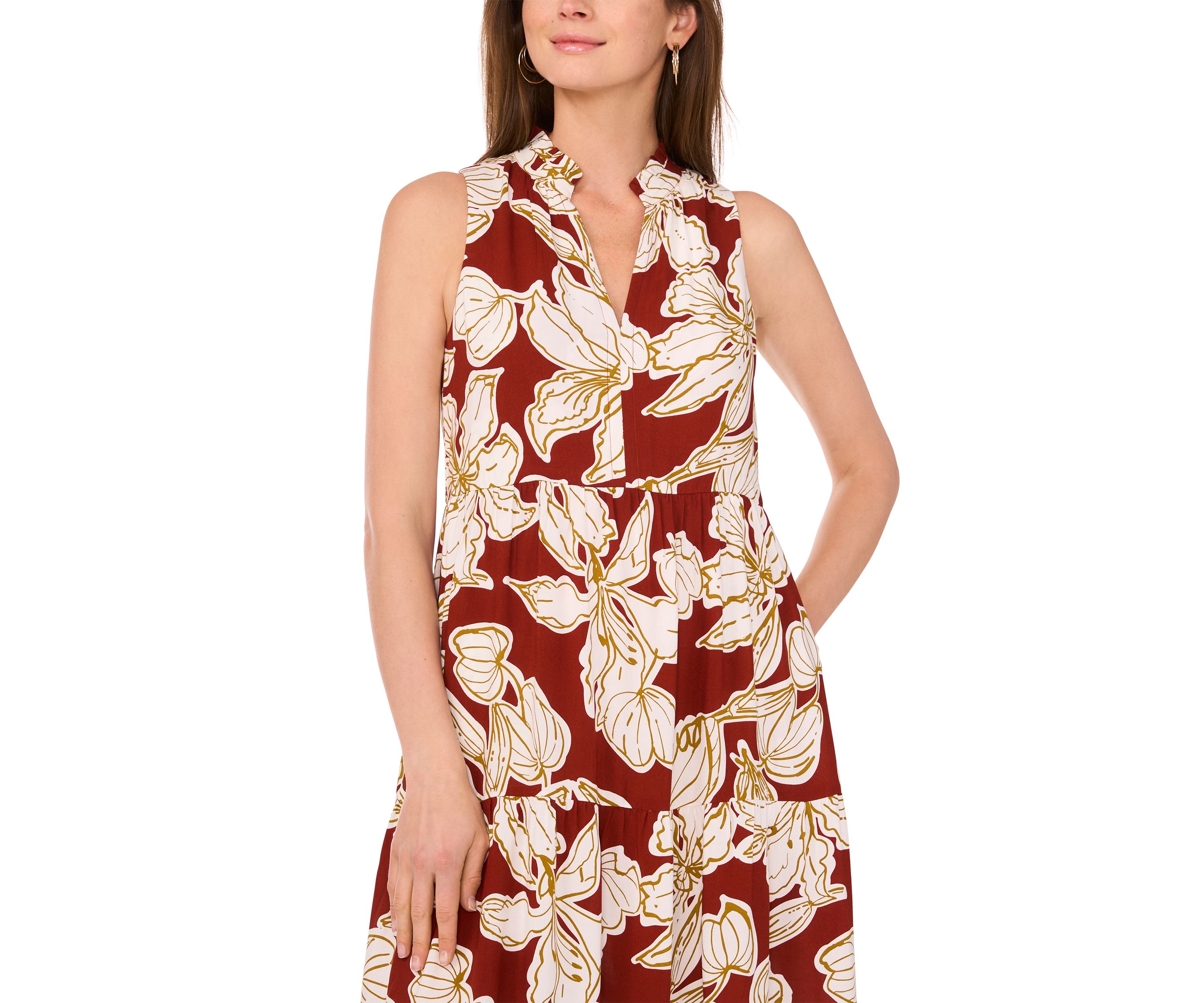 Womens Tropical Floral Split Neck Tier Challis Dress