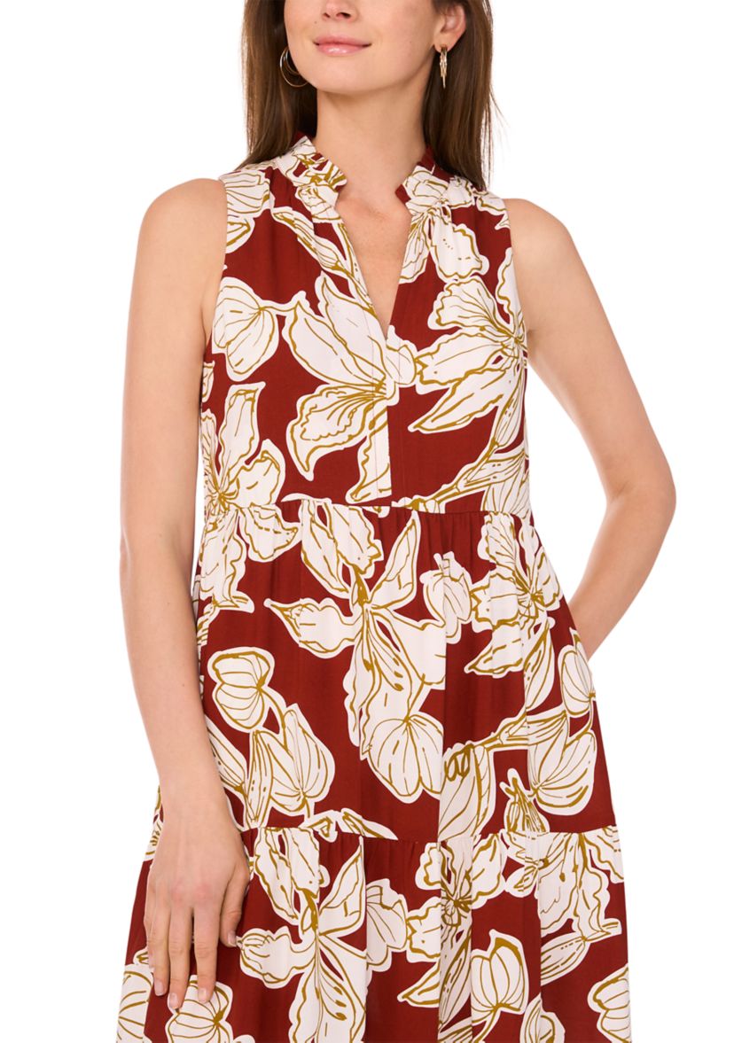 Womens Tropical Floral Split Neck Tier Challis Dress