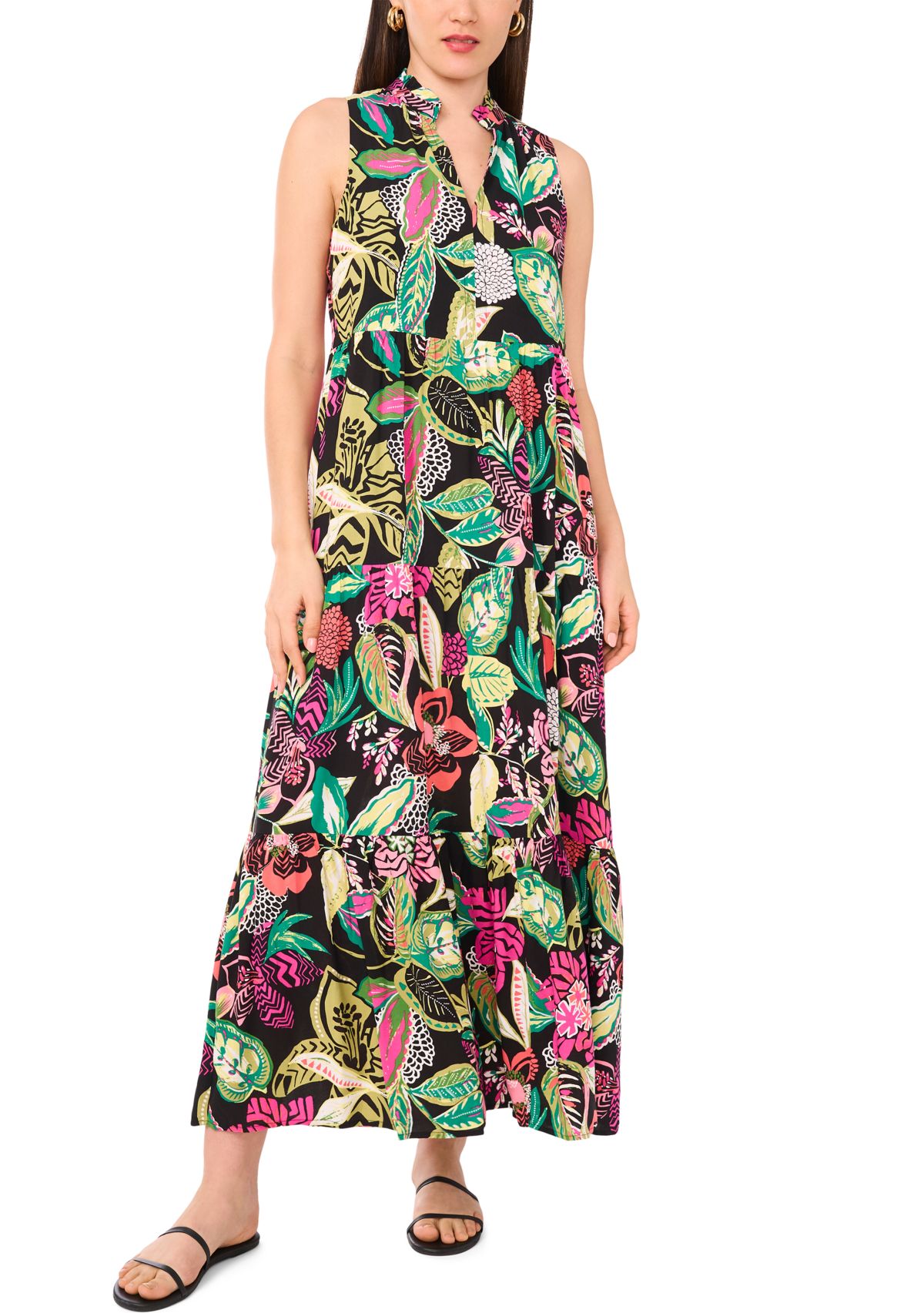 Womens Multi Floral Printed Split Neck Tiered Challis Dress