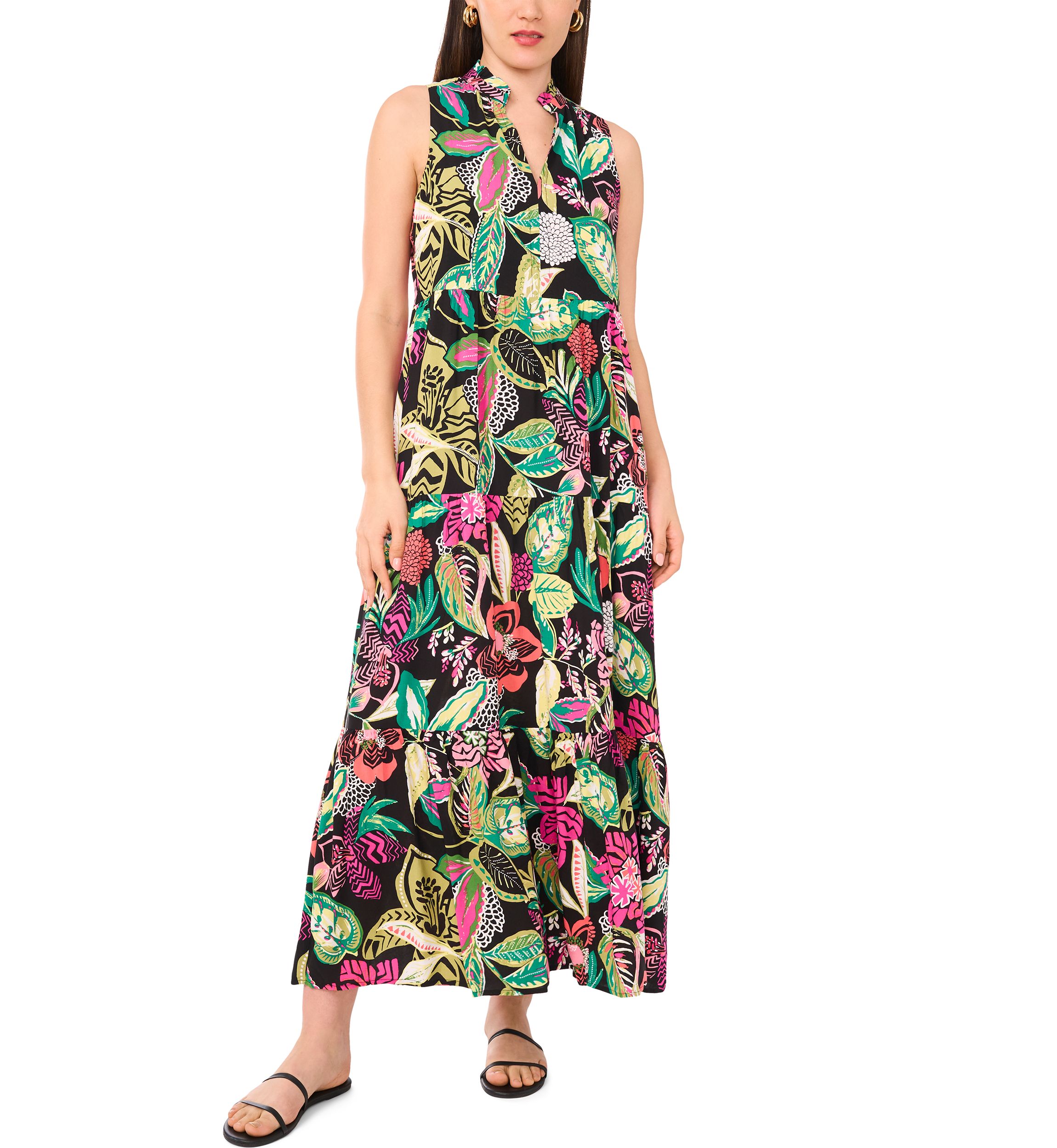 Womens Multi Floral Printed Split Neck Tiered Challis Dress