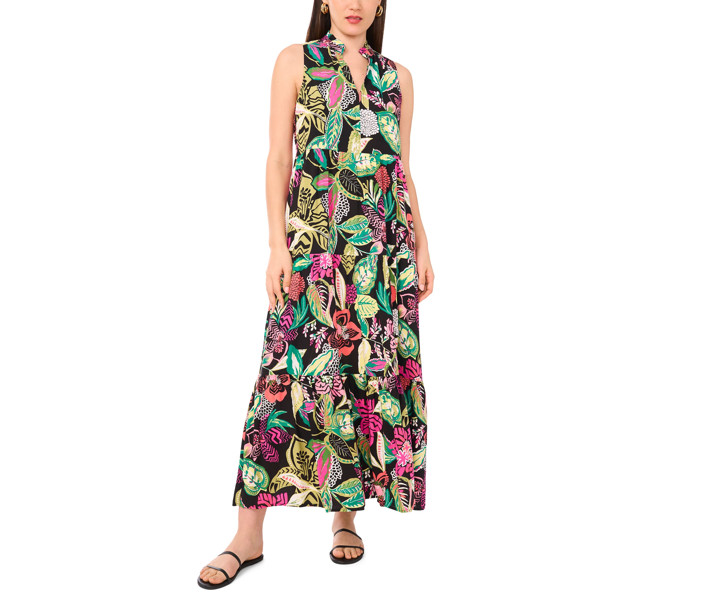 Womens Multi Floral Printed Split Neck Tiered Challis Dress