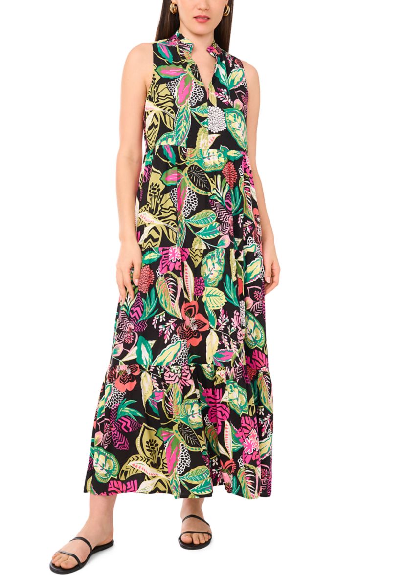 Womens Multi Floral Printed Split Neck Tiered Challis Dress