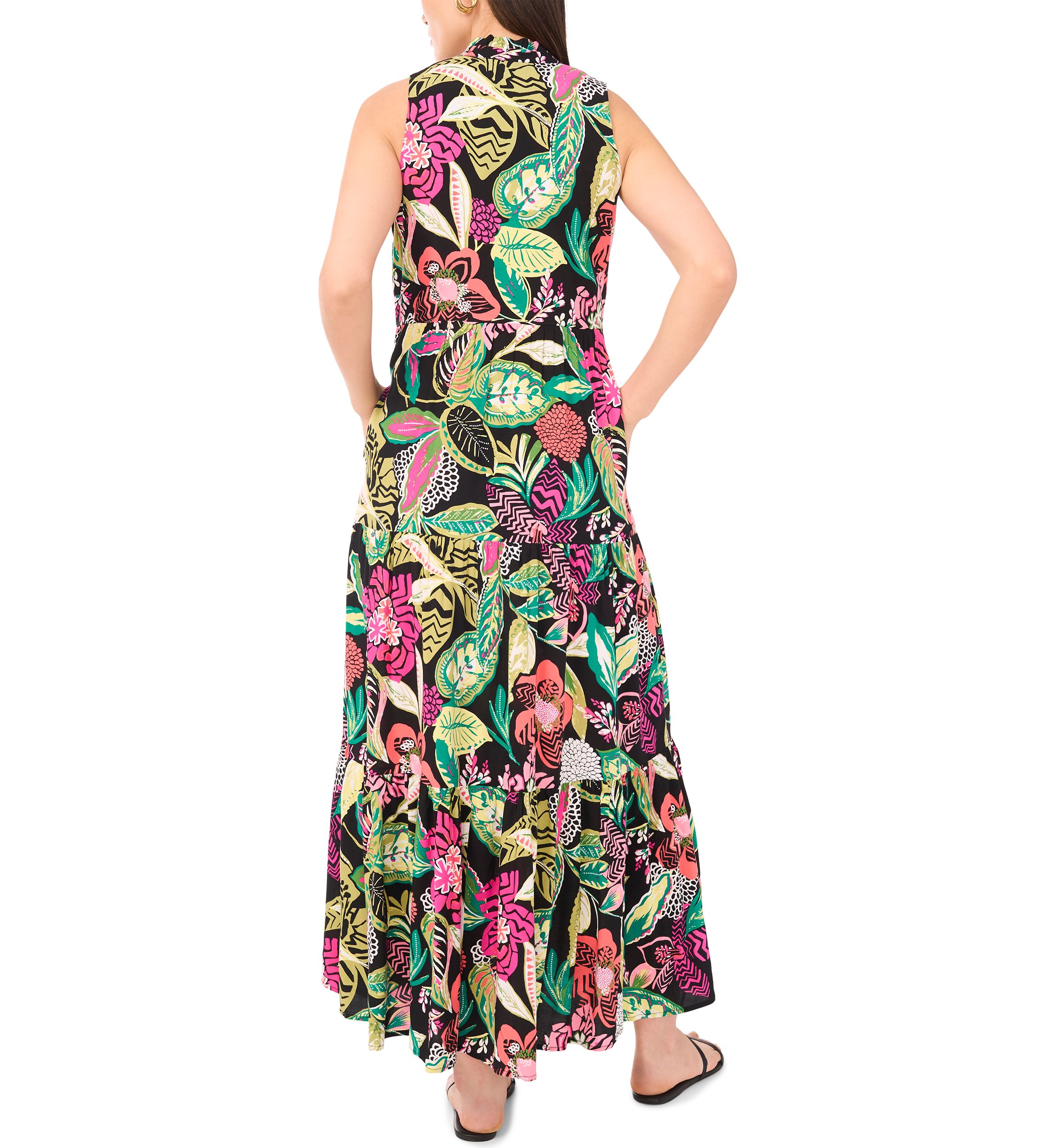 Womens Multi Floral Printed Split Neck Tiered Challis Dress