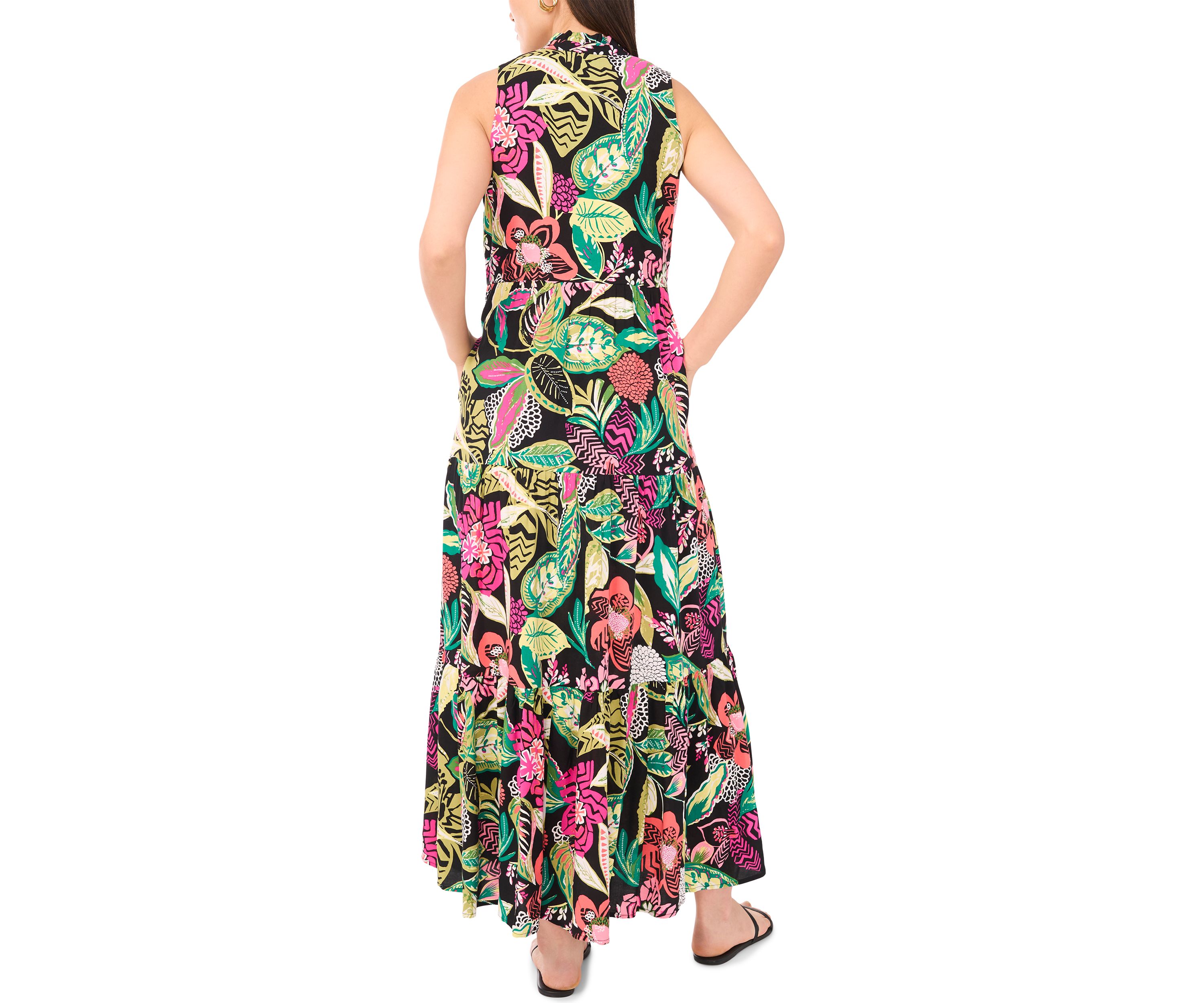 Womens Multi Floral Printed Split Neck Tiered Challis Dress