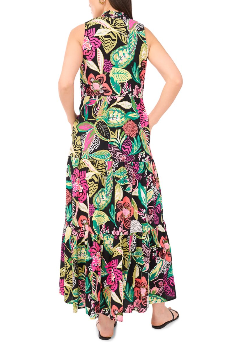 Womens Multi Floral Printed Split Neck Tiered Challis Dress