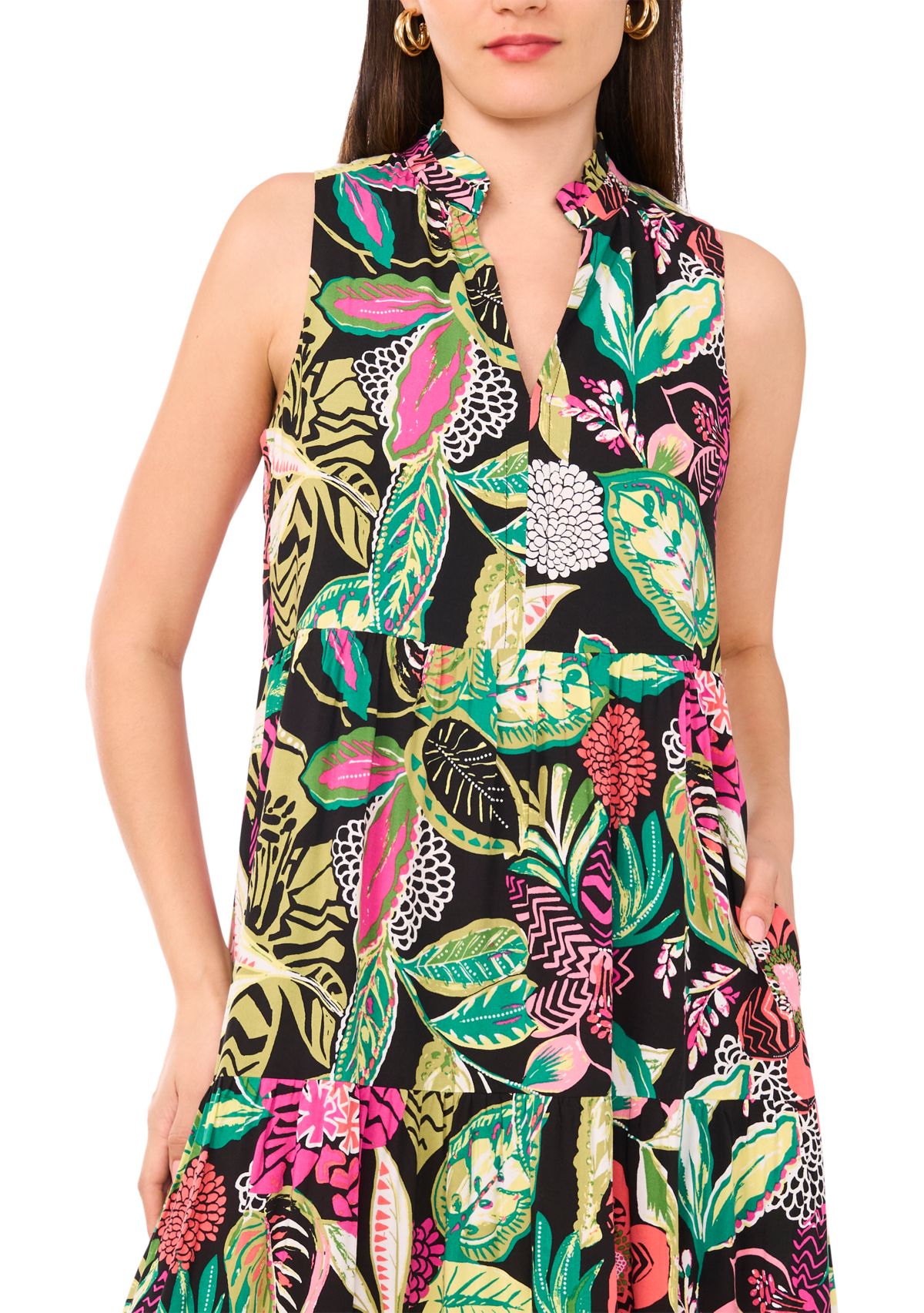 Womens Multi Floral Printed Split Neck Tiered Challis Dress