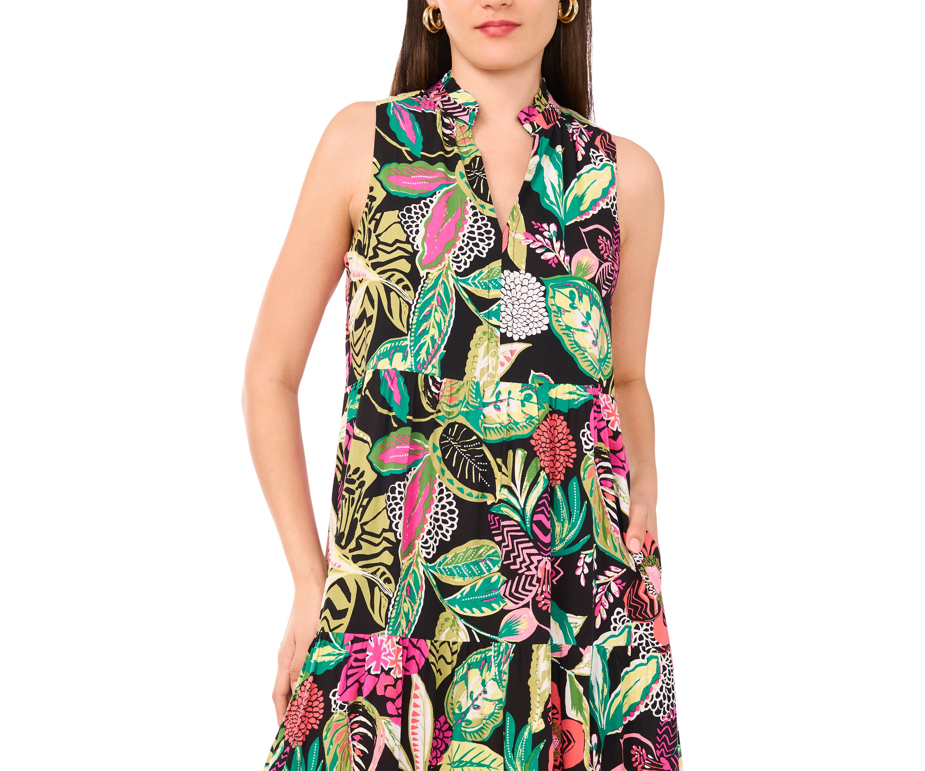 Womens Multi Floral Printed Split Neck Tiered Challis Dress